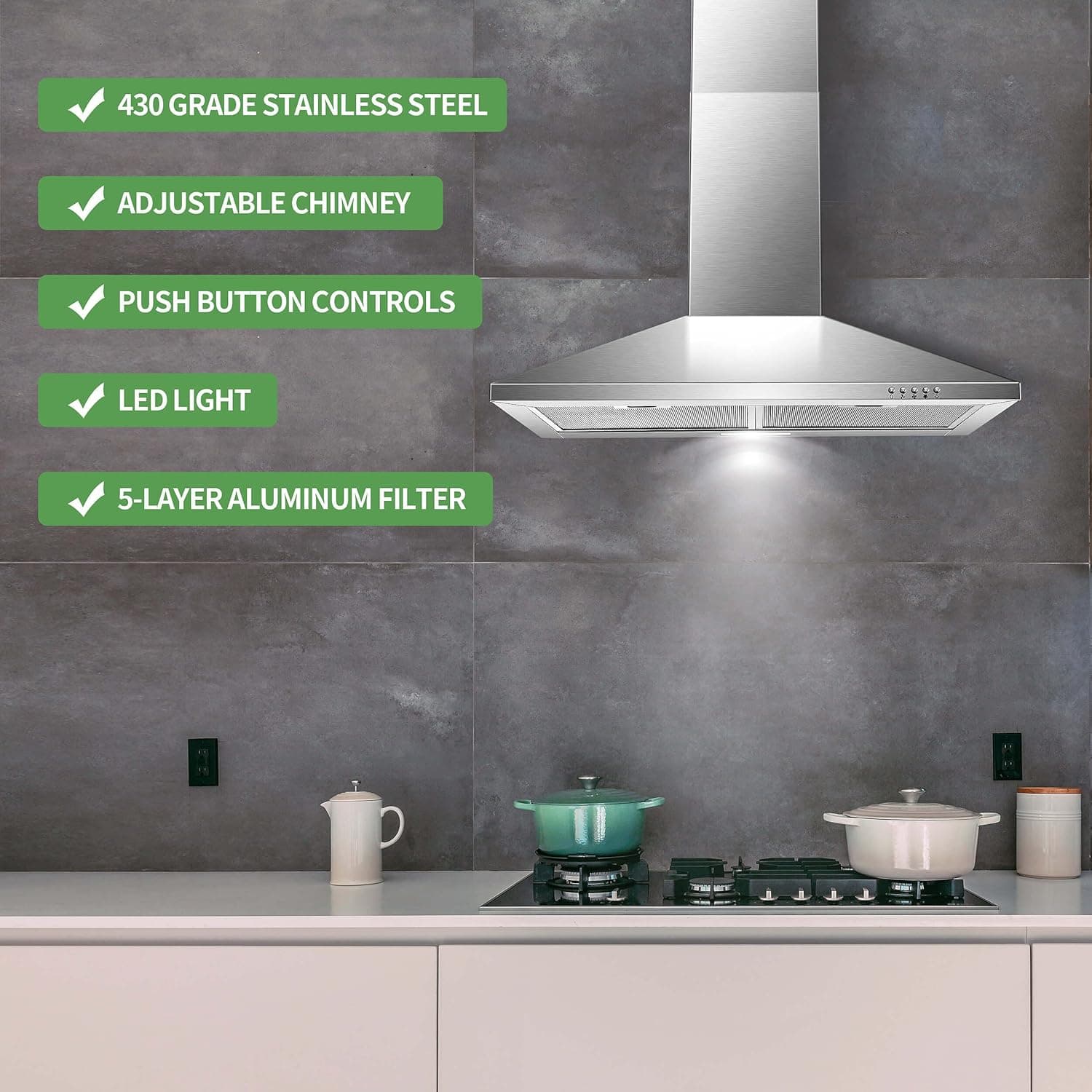 SNDOAS Range Hood 30 inch,Wall Mount Range Hood in Stainless Steel With Ducted/Ductless Convertible,Stove Vent Hood with Aluminum Filters,3 Speed Exhaust Fan,LED Light,Button Control Silver 30" - Image 4