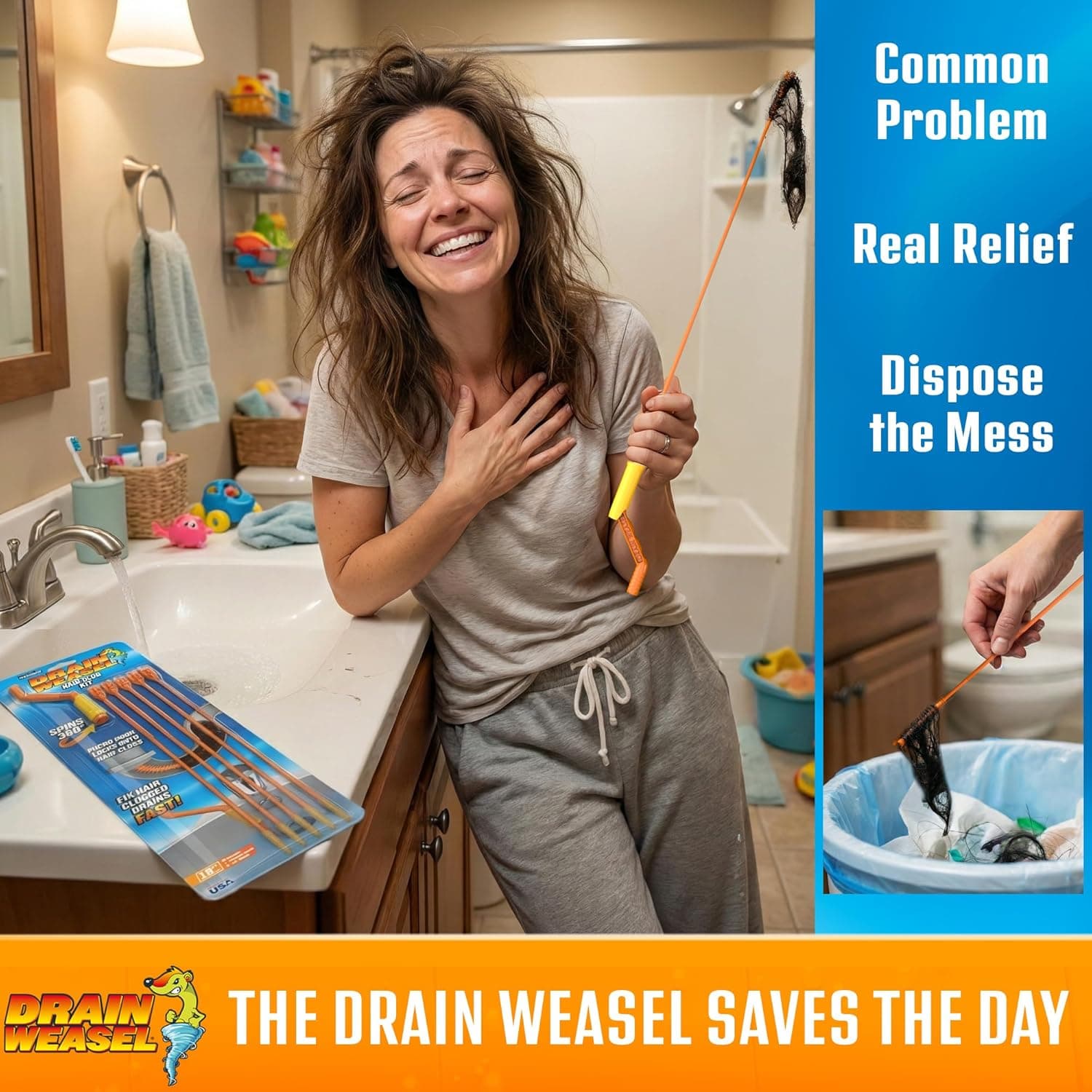 FlexiSnake Drain Weasel Sink Snake Hair Clog Remover Tool, Pipe, Bathroom, Bathtub Cleaner, 18-inch, Made in the USA, 5 Wands and Removable Handle 5 Pack - Image 5