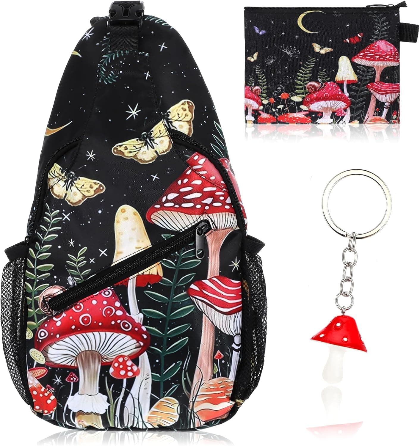 cobee 3 Pcs Mushroom Sling Backpack Set, Adjustable Crossbody Shoulder Bag Multi-pocket Chest Bag with Mushroom Purse Keychain for Men Women, Travel, Hiking, Casual Sport, Climbing, Runners - Image 2