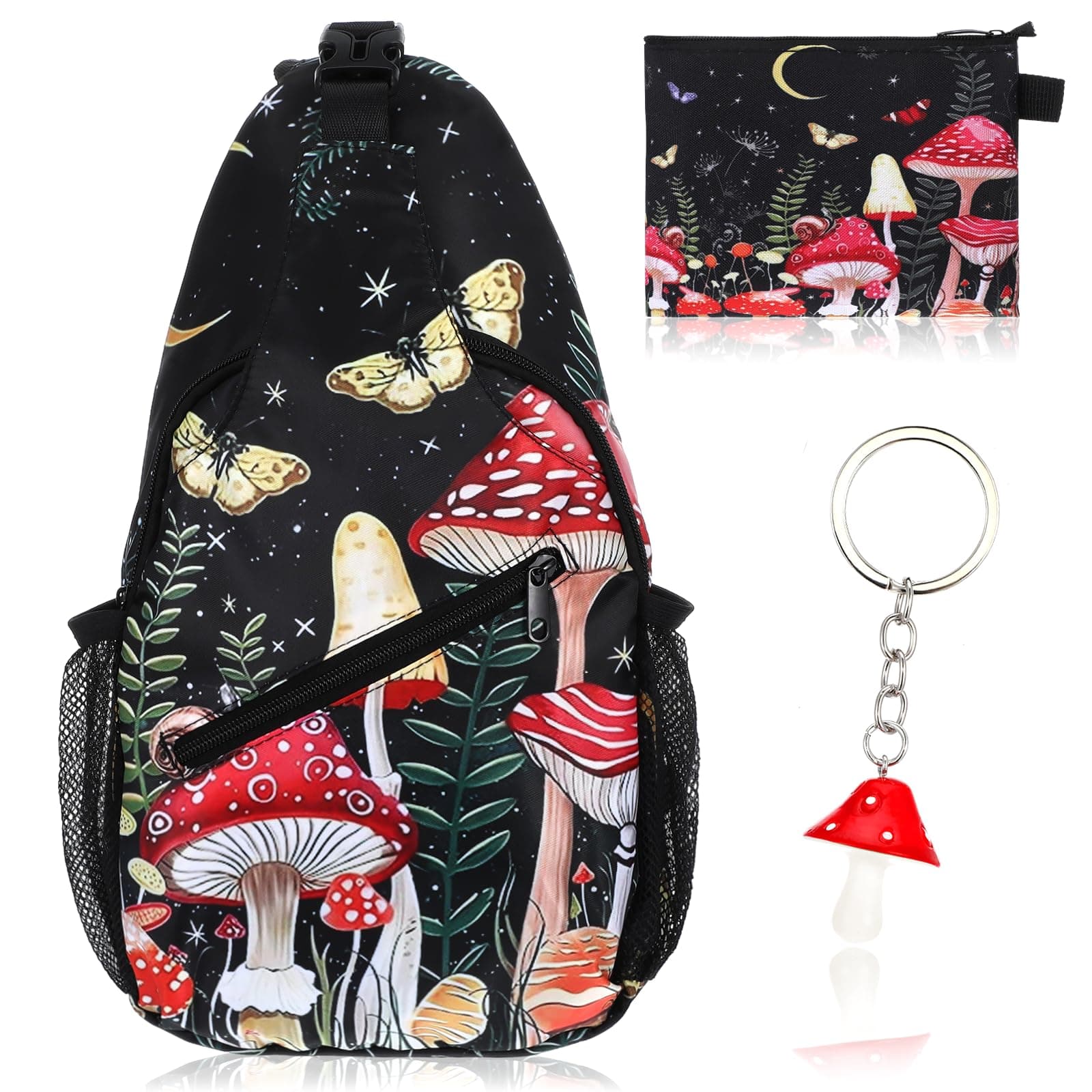 cobee 3 Pcs Mushroom Sling Backpack Set, Adjustable Crossbody Shoulder Bag Multi-pocket Chest Bag with Mushroom Purse Keychain for Men Women, Travel, Hiking, Casual Sport, Climbing, Runners