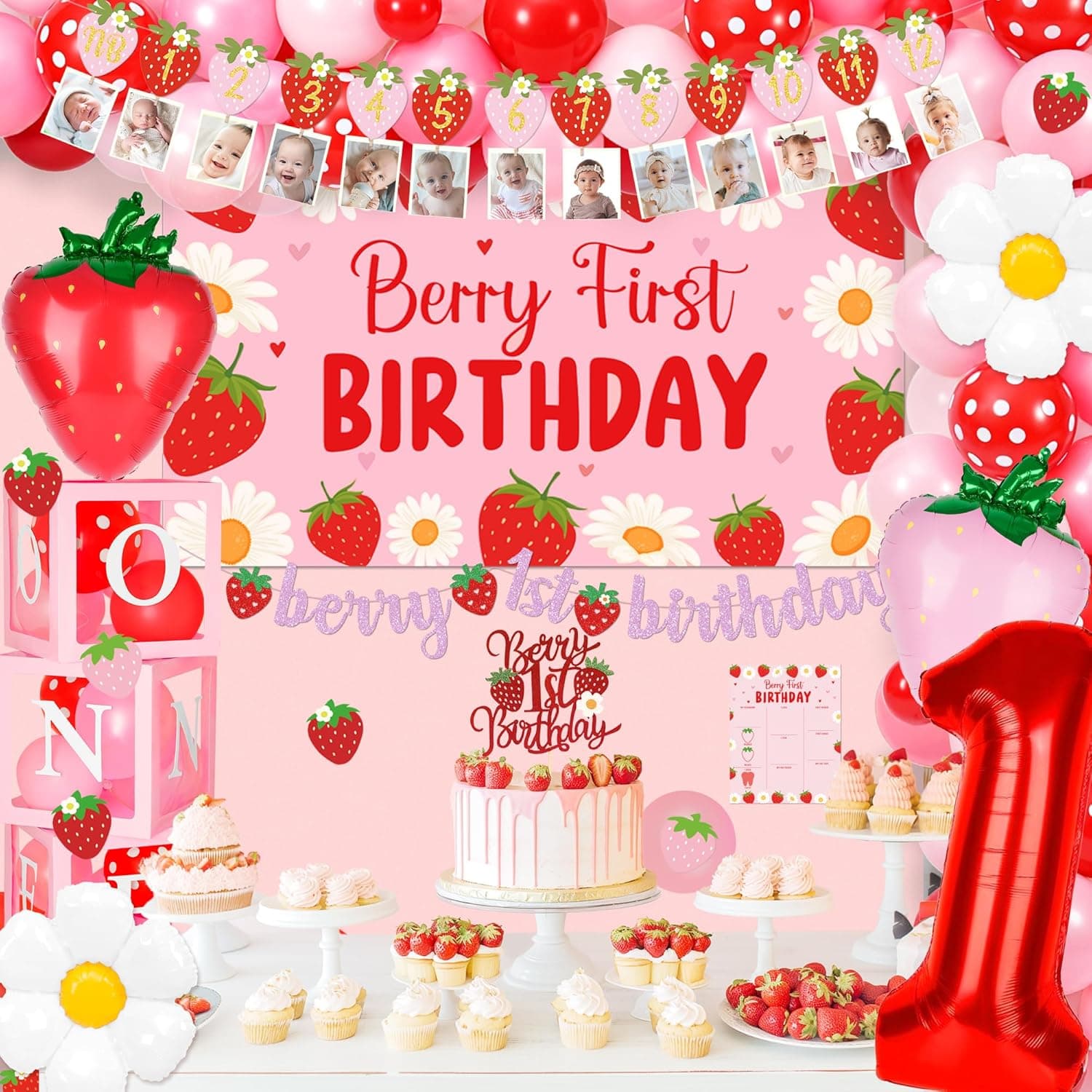 Berry First Birthday Decor Strawberry 1st Birthday Decorations for Girls with Balloon Arch, Highchair Banner Strawberry Theme Backdrop, Photo Banner, Cake Topper Pink - Image 6