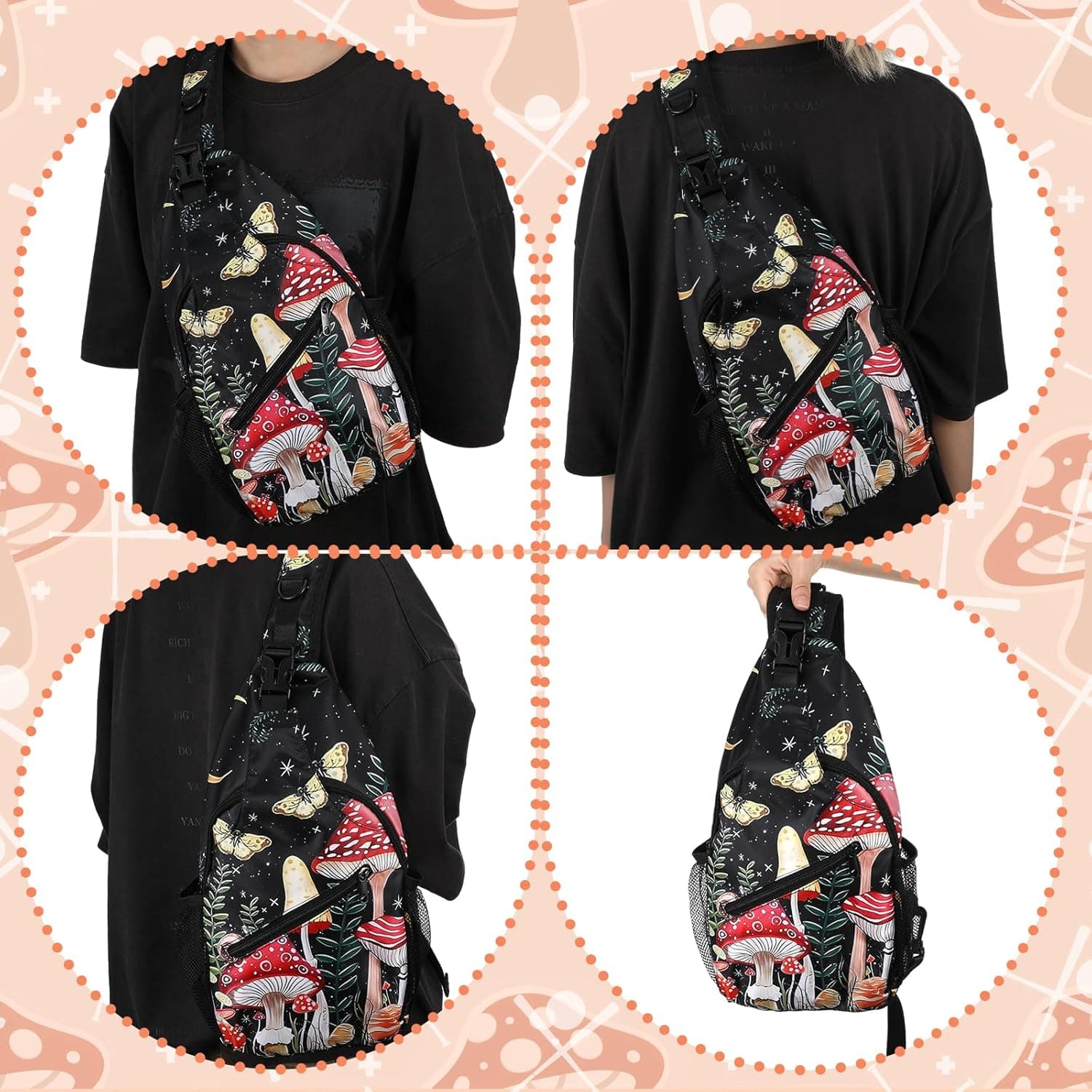 cobee 3 Pcs Mushroom Sling Backpack Set, Adjustable Crossbody Shoulder Bag Multi-pocket Chest Bag with Mushroom Purse Keychain for Men Women, Travel, Hiking, Casual Sport, Climbing, Runners - Image 4