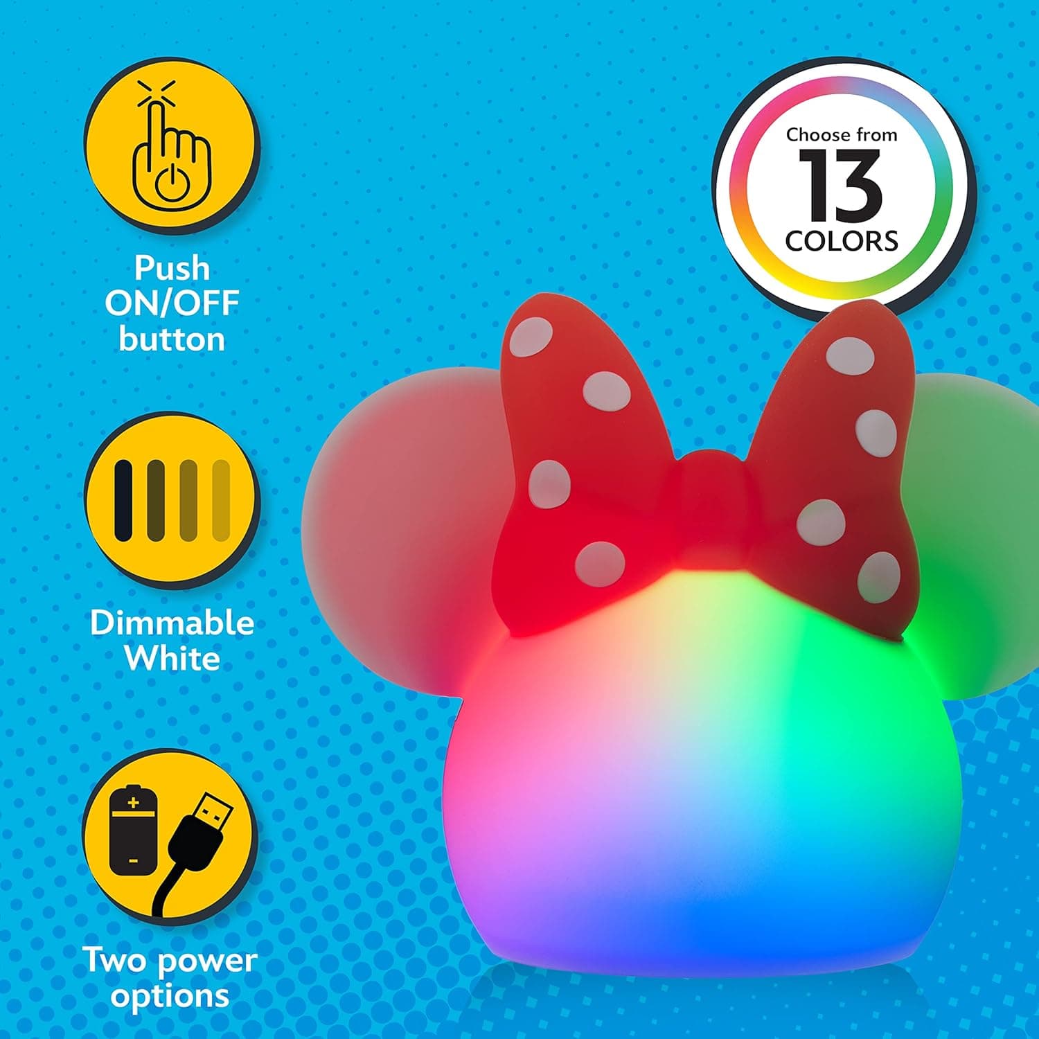 Disney Minnie Mouse Squishy Light, Color Changing, Night Light for Kids, USB Lamp, Battery Operated, Dimmable, Ideal for Bedroom, Playroom, Living Room, and More, 66945 Multi-color Minnie Squishy - Image 3