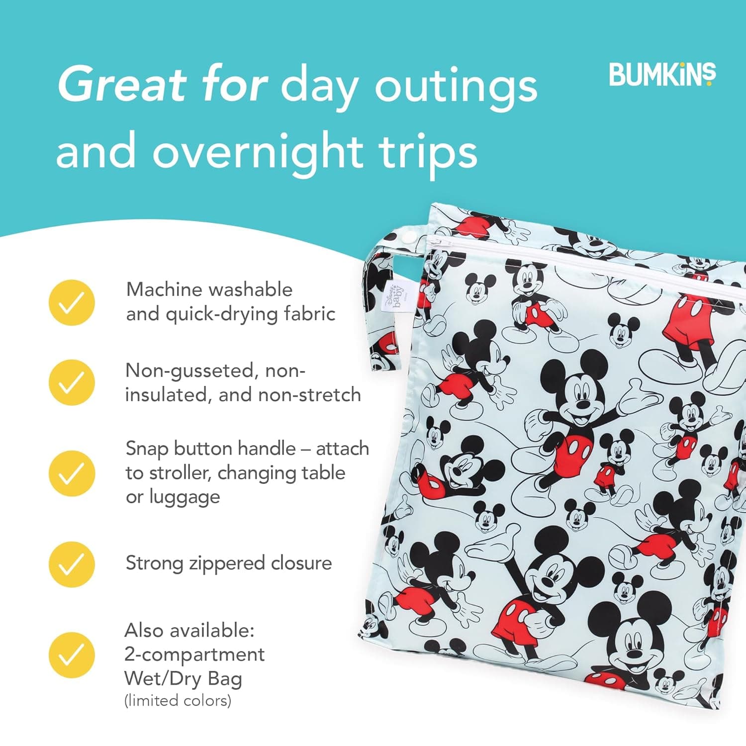 Bumkins Disney Waterproof Wet Bag for Baby, Travel, Swim Suit, Cloth Diapers, Pump Parts, Pool, Gym Clothes, Toiletry, Strap to Stroller, Daycare, Zipper Reusable Bag, Packing Pouch, Mickey Mouse Wet Bag A2 Mickey Mouse - Image 5
