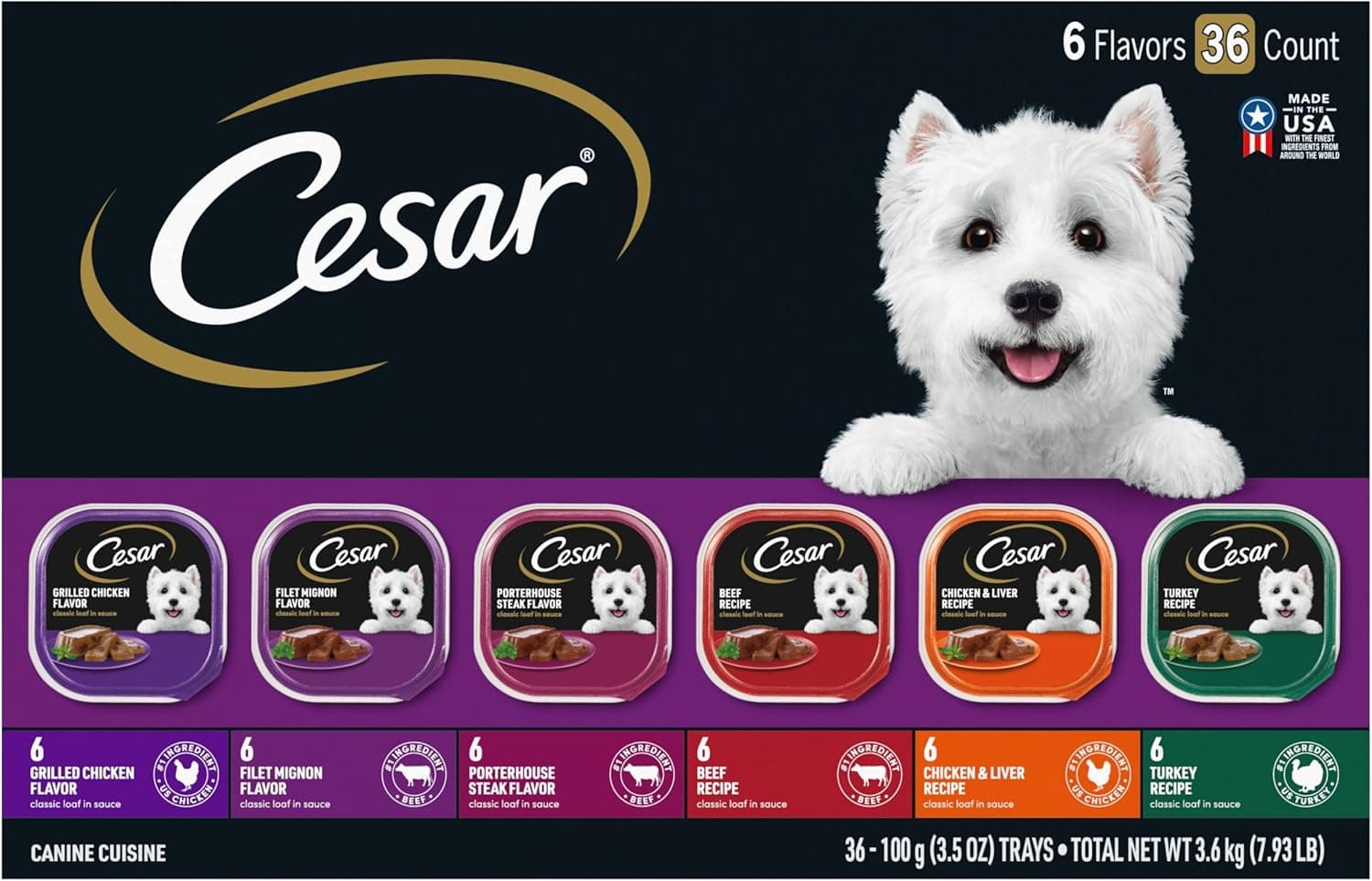 Cesar Wet Dog Food Classic Loaf in Sauce Grilled Chicken, Filet Mignon, Porterhouse Steak, Beef, Chicken & Liver and Turkey Variety Pack 3.5 oz. Easy Peel Trays (36 Count, Pack of 1) Classics 36 Count (Pack of 1) - Image 2