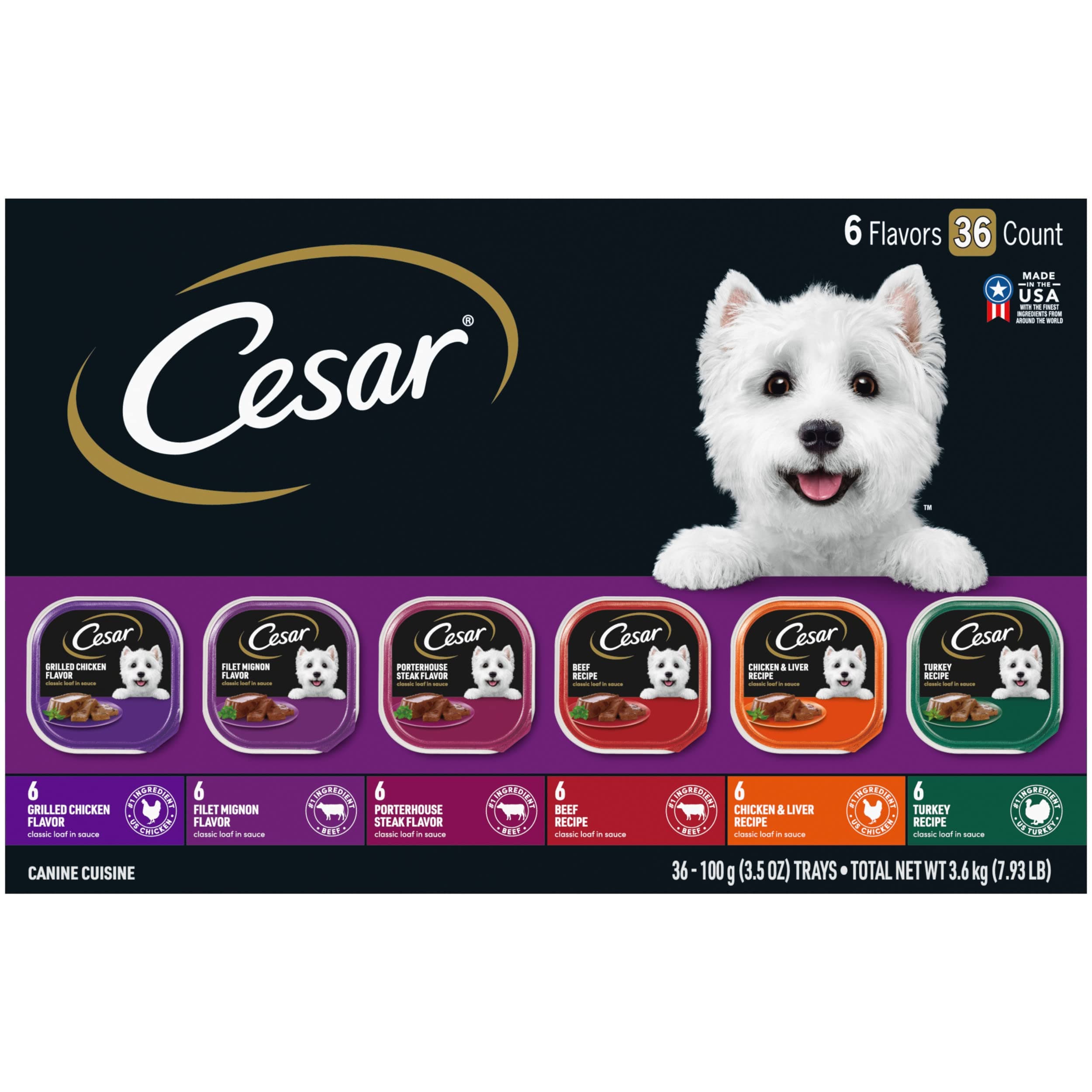 Cesar Wet Dog Food Classic Loaf in Sauce Grilled Chicken, Filet Mignon, Porterhouse Steak, Beef, Chicken & Liver and Turkey Variety Pack 3.5 oz. Easy Peel Trays (36 Count, Pack of 1) Classics 36 Count (Pack of 1)