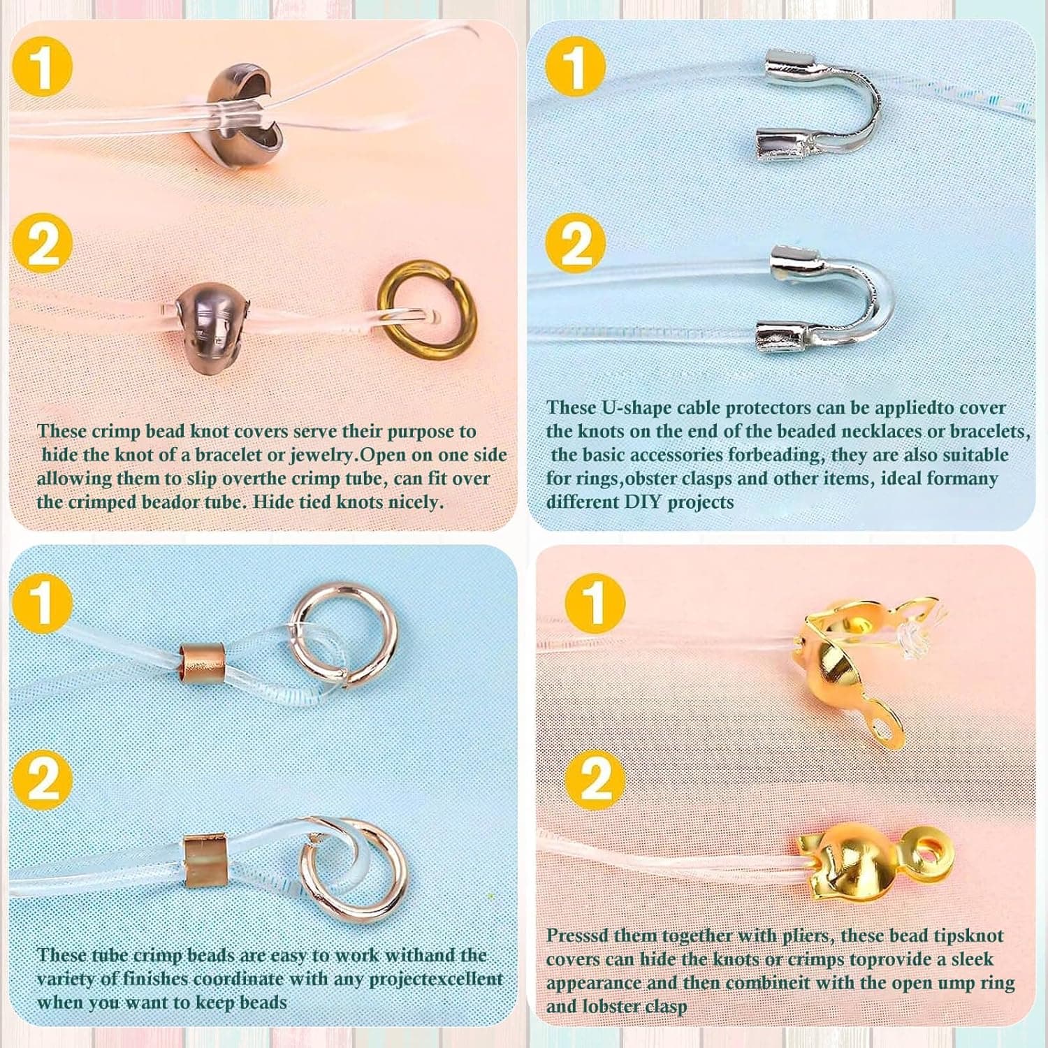 Acejoz 2160 Pieces Crimp Beads Kit for Jewelry Making, Knot Covers, Crimp Bead Covers, Crimp Tubes, Jump Rings and Wire Guardians with Crimping Pliers, Elastic String for Bracelets Necklaces Making - Image 6