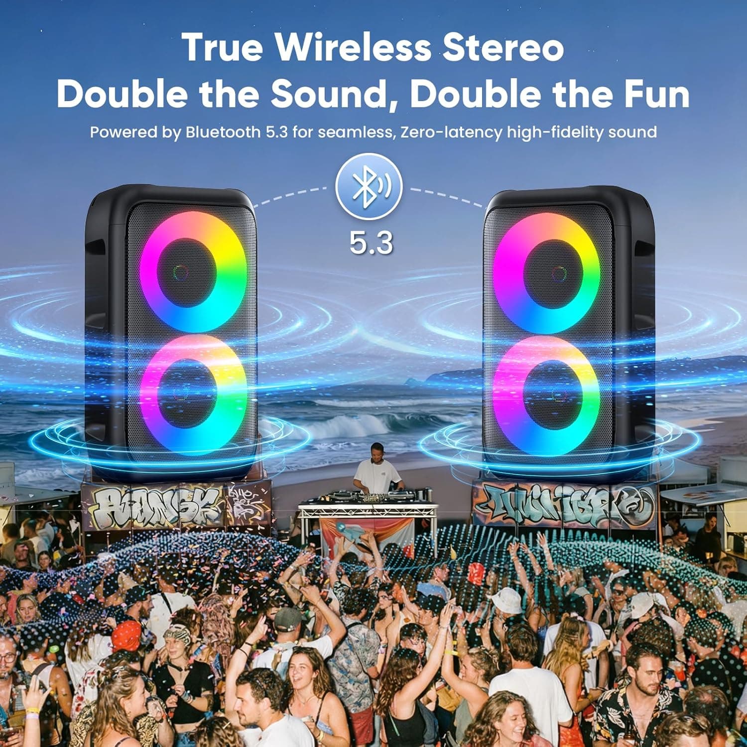 Karaoke Machine for Adults Kids, Portable Bluetooth Speaker with 2 Wireless Microphones, TWS Mode & LED Light, 10H Battery PA System Stage Monitors,Perfect for Home Party Outdoor Birthday Gifts(Black) - Image 8