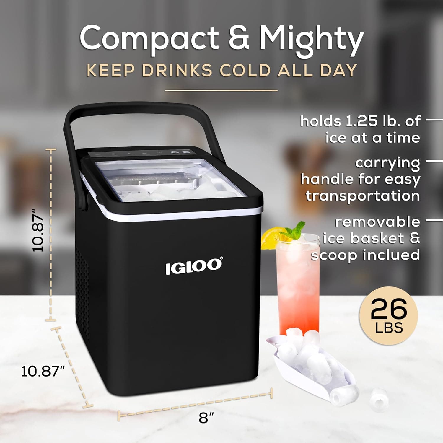 Igloo Premium Self-Cleaning Countertop Ice Maker Machine, Handled Portable Ice Maker, Produces 26 lbs. in 24 hrs. with Ice Cubes Ready in 6-8 Minutes, Comes with Ice Scoop and Basket Black 26 Lb Handle - Image 2