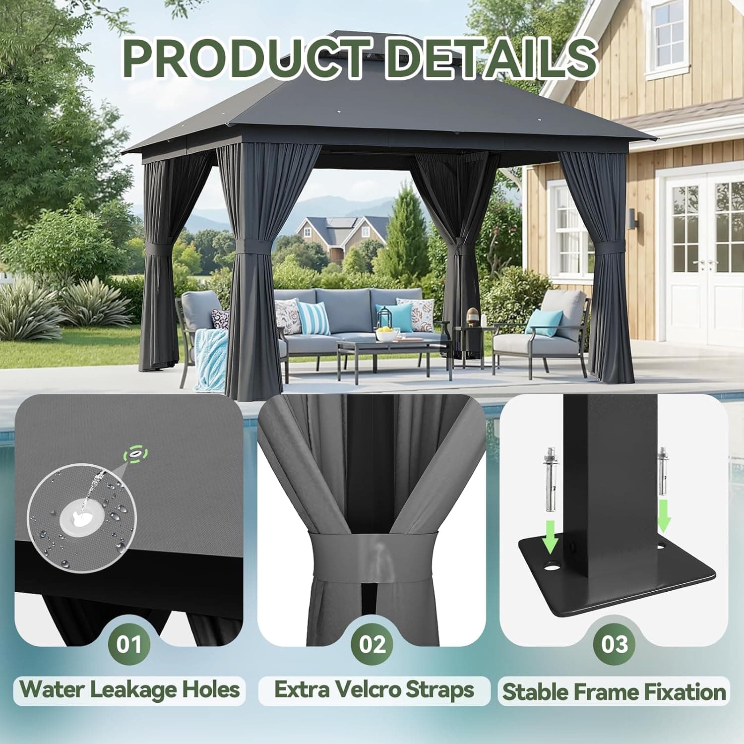 Aoxun Outdoor Gazebo for Patio 10x12, Metal Frame Canopy with Double Roofs, Heavy Duty Party Tent and Shelter with Mosquito Netting and Privacy Screen for Backyard, Lawn, Garden, Deck 10 X 12 Gray - Image 7