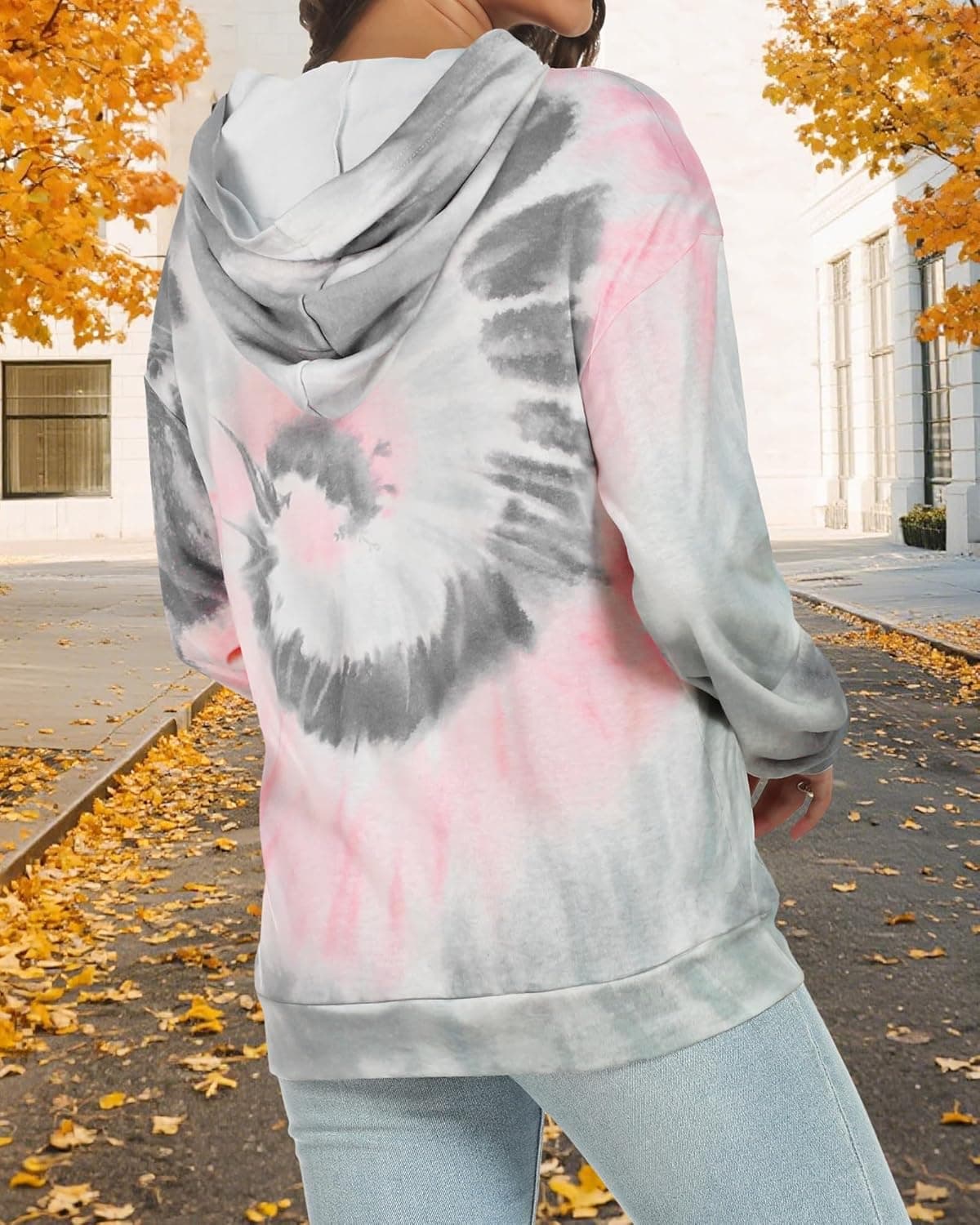 Women's Hoodies Long Sleeve Sweatshirts Drawstring Pullover Tops with Pocket Casual Loose Blouses Tunic X-Large Grey Pink Tie Dye - Image 5