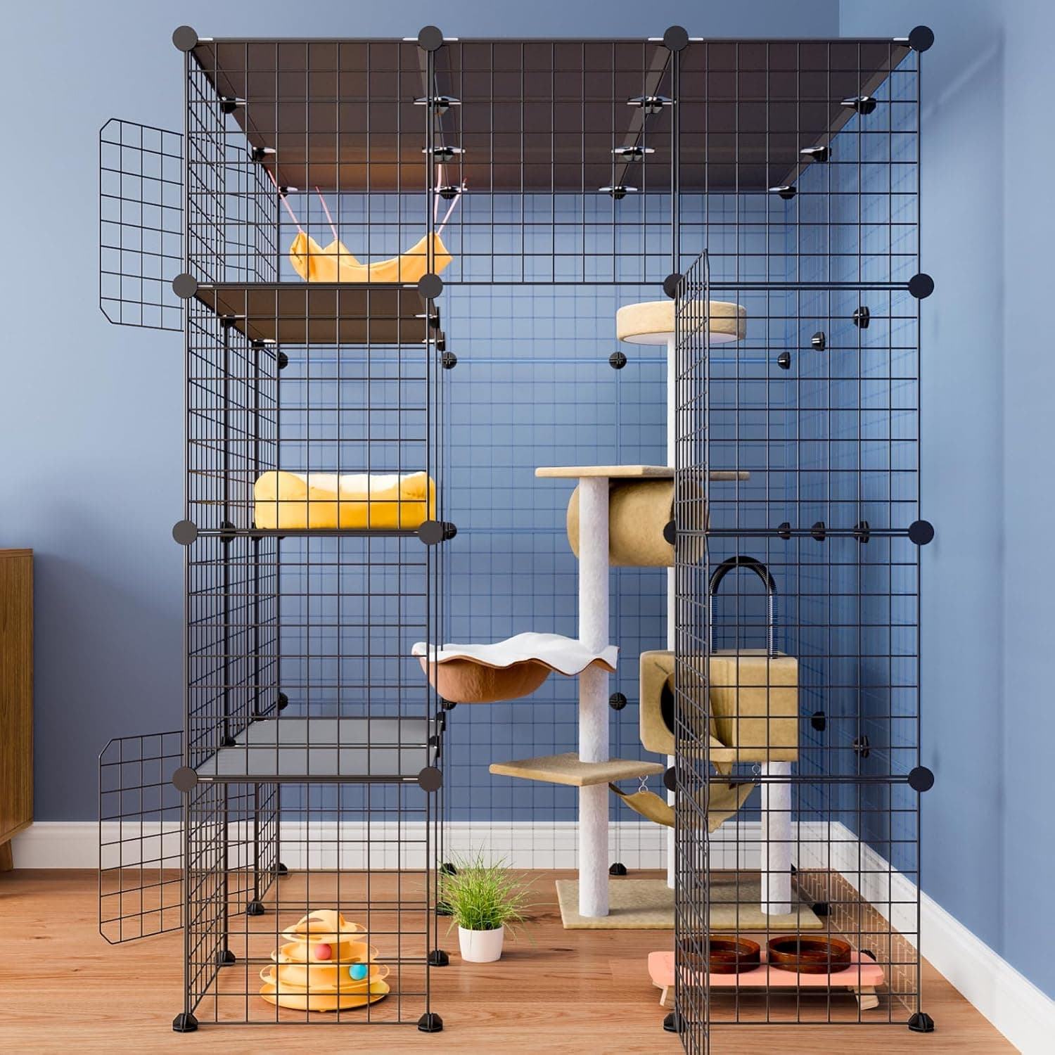 Large Cat Cage, Enclosures Indoor with Balcony, DIY Playpen Detachable Metal Wire Kennels Crate 3x3x4 Large Exercise Place Ideal for 1-3 Cats Black 41.0"L x 41.0"W x 55.0"H - Image 3