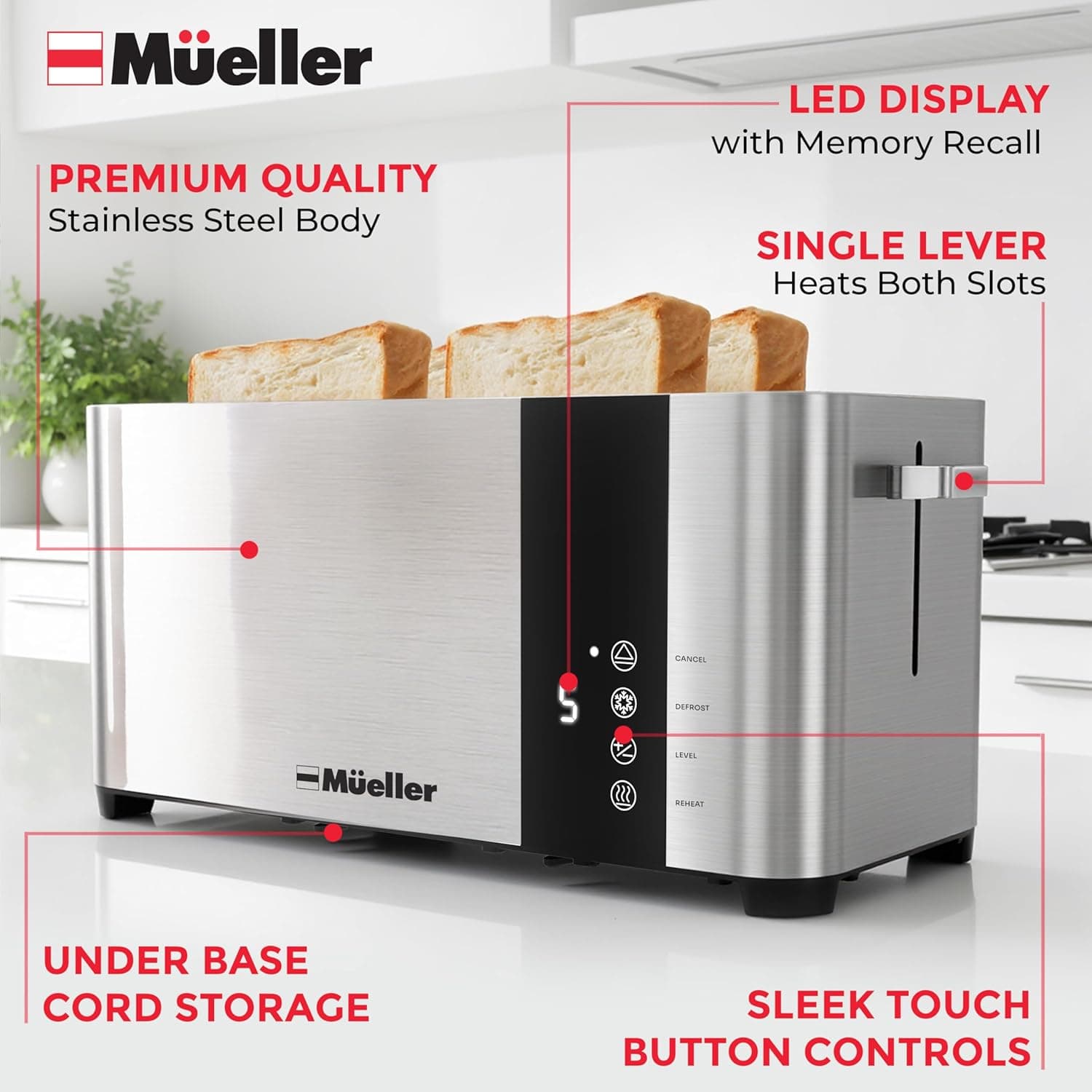 Mueller UltraToast Full Stainless Steel Toaster 4 Slice, Long Extra-Wide Slots for Bagels and Waffles, 6 Browning Levels, LED Display, Cancel/Defrost/Reheat Functions & Removable Tray, Kitchen Gadgets - Image 7