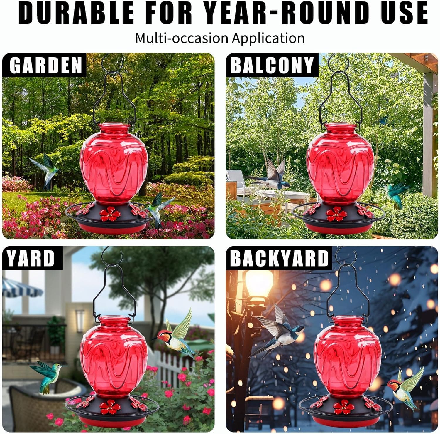 Glass Hummingbird Feeder for Outdoors Hanging, 24Ozs Humming Bird Nectar Feeder w/Perch, 5 Flower Feeding Ports, Leak Proof Base and Hook for Outside Garden Backyard Decor, Gifts for Women Mom, Red - Image 7