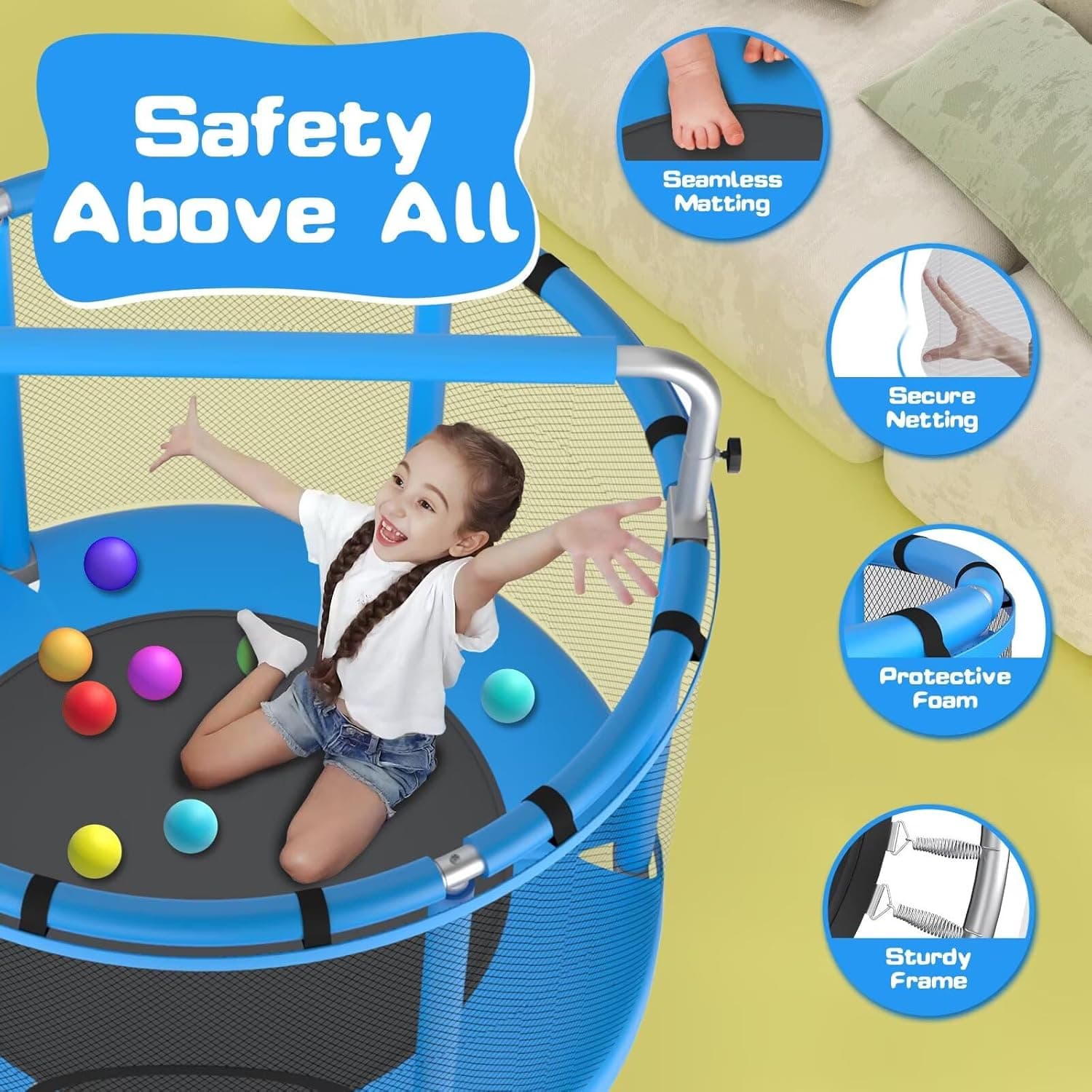 55" Trampoline for Kids with Enclosure, 440lbs Capacity Indoor & Outdoor Toddler Trampoline with Adjustable Gymnastics Bar & Toys, for Boys & Girls Blue - Image 3