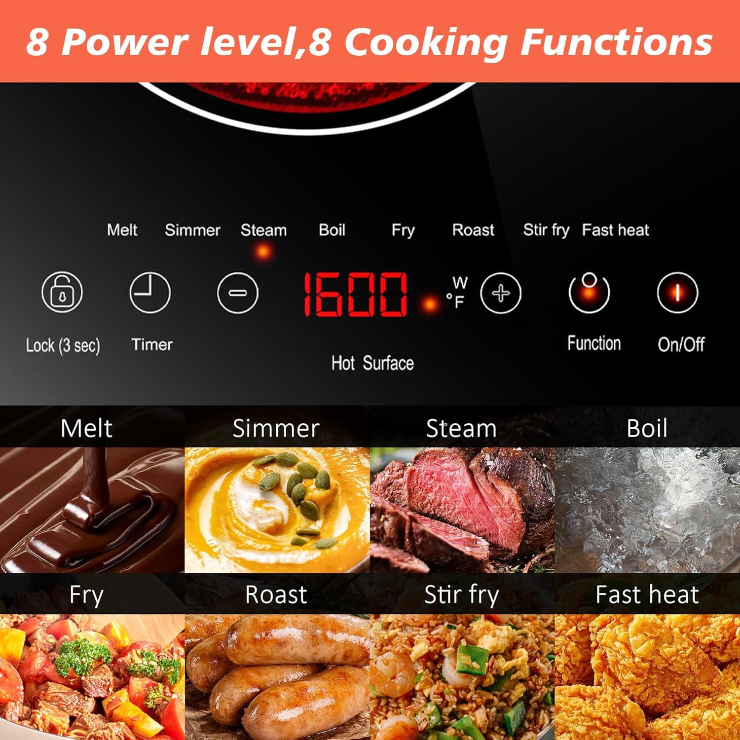 2 Burner Electric Cooktop 110v, 2000W Electric Stove Top Countertop & Built-in, Plug-in Electrics Cooktop 24 Inch, 8 Power Levels & 8 Functions, Touch Control, Safety Lock, Timer, Karienvir 24 inch black 2 burner - Image 6