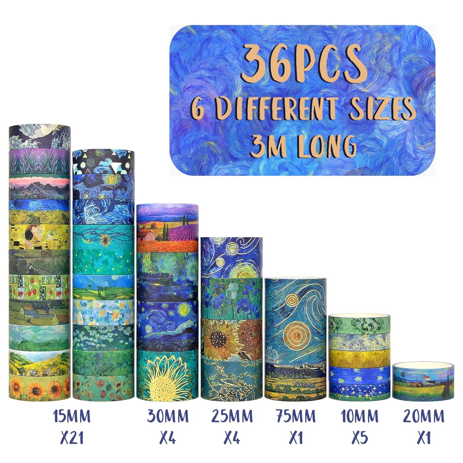 Washi Tape Set, 36 Rolls Van Gogh Vintage Gold Washy Tape, Wide Decorative Tape for Journaling, Scrapbooking Supplies,Vision Board Supplies, 6 Sizes Craft Watercolor Tape Van Gogh Themed - Image 3