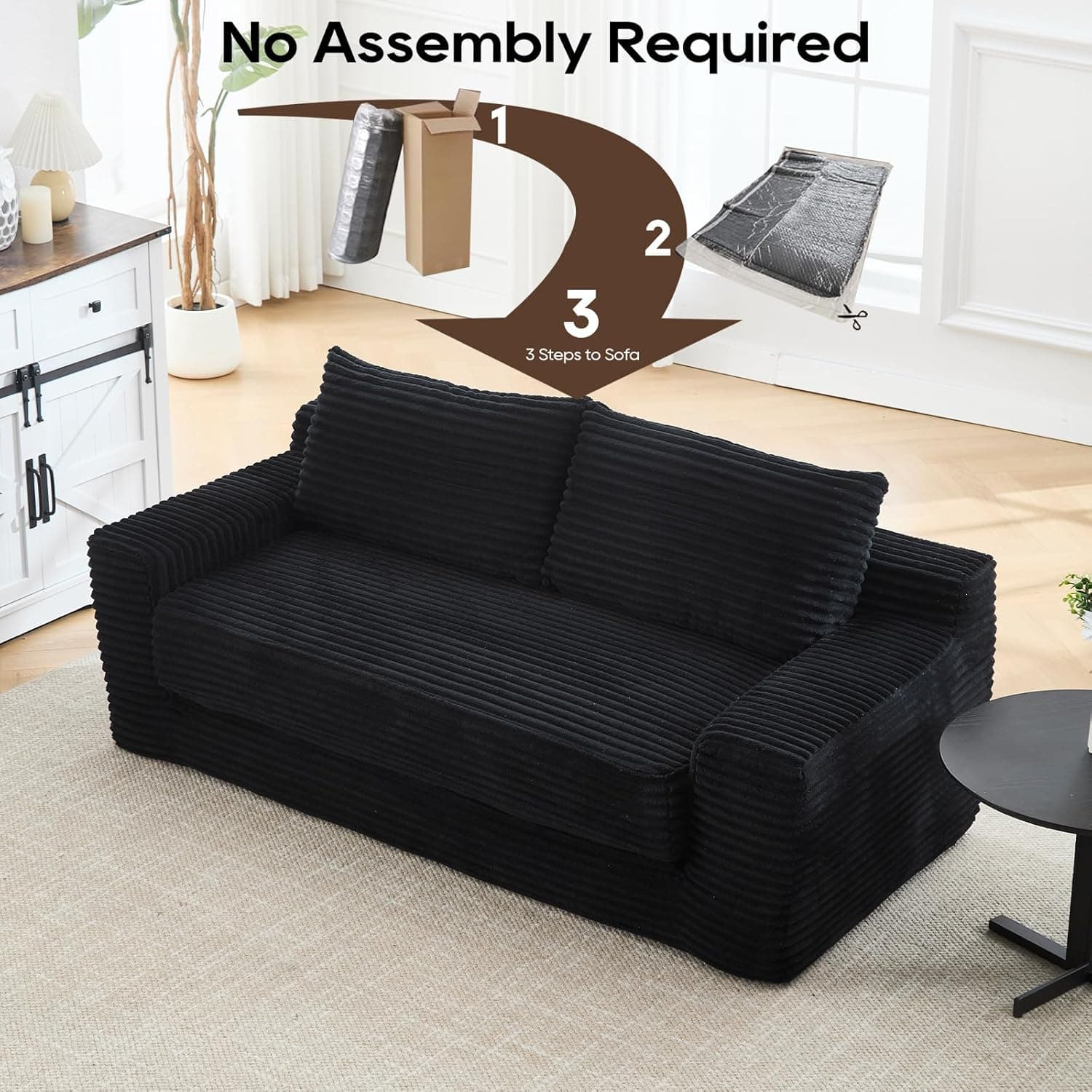 GNIXUU Corduroy Cloud Loveseat Sofa, 2 in 1 Convertible Black Boneless Sleeper Sofa with Fixed-Shape Frame, Comfy Folding Love Seat Couches for Living Room, Apartment, Small Spaces - Image 9