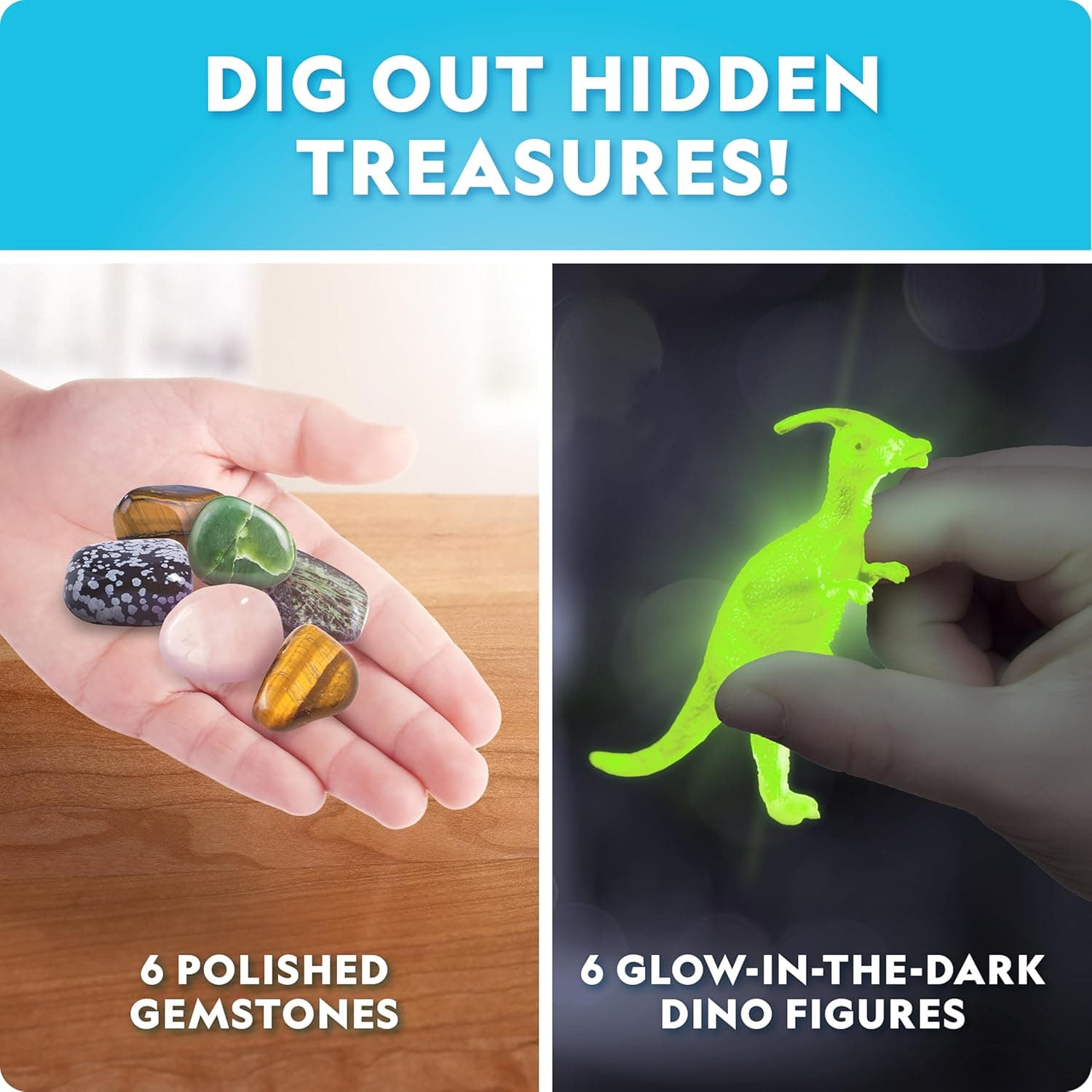 Blue Marble Easter Eggscavation Dig Kit - 12 Easter Egg Dig Bricks with Real Gemstones & Glow in The Dark Dinosaur Figures, Includes Dig Tools, Egg Hunt or Dig Party Activity, Easter Basket Stuffers - Image 4