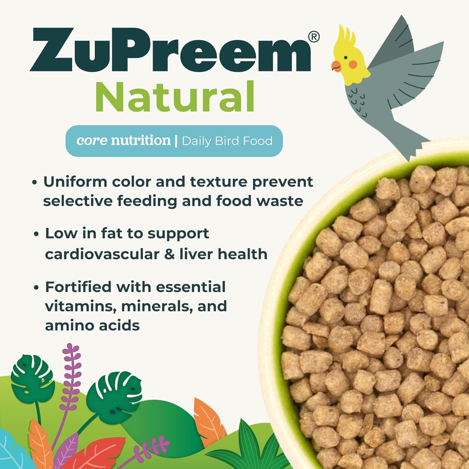 ZuPreem Natural Bird Pellets, Daily Bird Food for Cockatiel, Lovebird, Quaker, Small Conure, Lorikeet, Core Nutrition for Medium Birds, Added Vitamins, Cockatiel Pellets (M, 2.5 lbs) Natural Pellets 2.5 Pound (Pack of 1) - Image 5