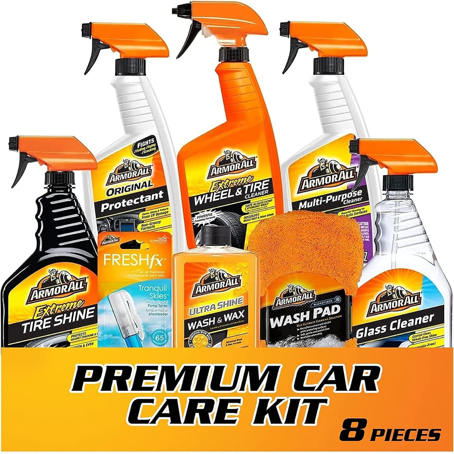 Kit de Cuidado del Automóvil Armor All Ultimate Premier, 8 Piezas, Incluye Limpiadores de Llantas y Ruedas, y Suministros de Limpieza para el Interior y Exterior del Automóvil