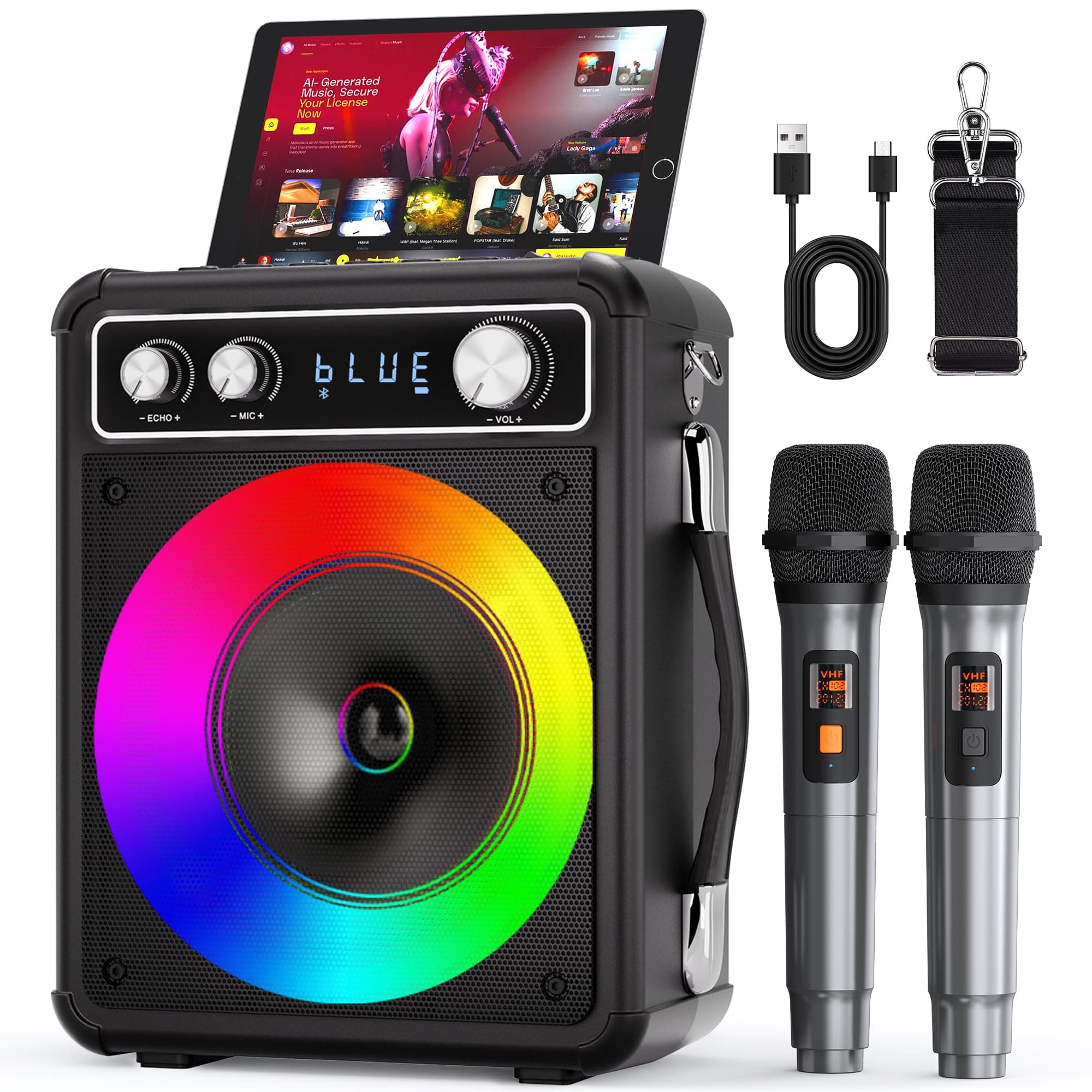 Karaoke Machine, Portable Bluetooth Karaoke Speaker with 2 Wireless Microphones, PA System for Adults Kids with LED Lights & Echo Adjustment, Supports TWS/TF/USB/AUX for Home Party T03-2 MICS