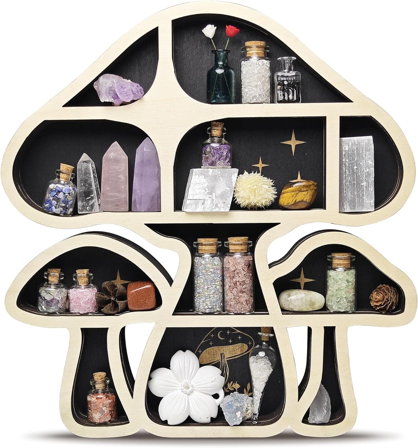 Wooden Mushroom Floating Shelves, Crystal Display Shelf for Wall, Cute Mushroom Wall Decor, Rock Gem Stone Storage Organizer, Essential Oil Holder Hanging Case, Meditation Art Spiritual Gift 3 Mushrooms - Image 2