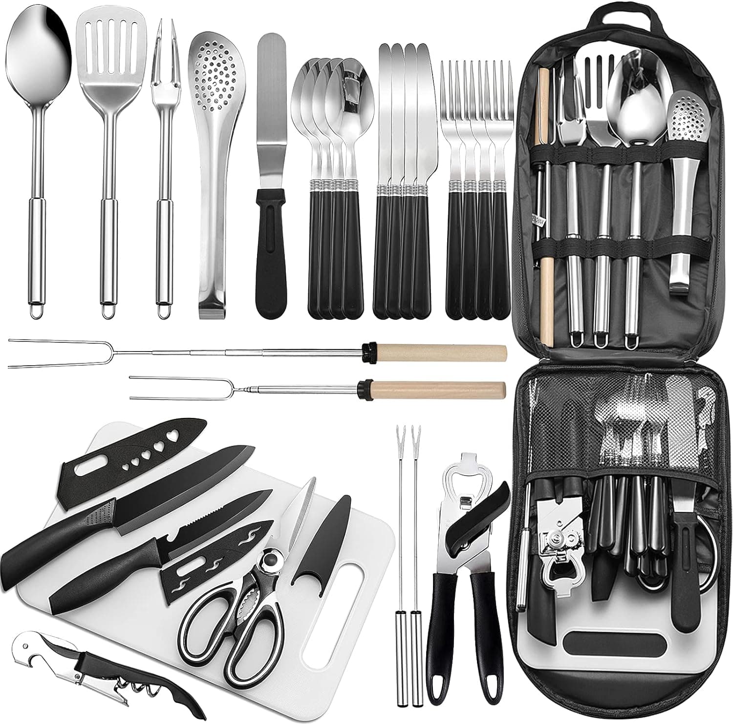 Portable Camping Kitchen Utensil Set-27 Piece Cookware Kit, Stainless Steel Outdoor Cooking and Grilling Utensil Organizer Travel Set Perfect for Travel, Picnics, RVs, Camping, BBQs, Parties and More black - Image 2