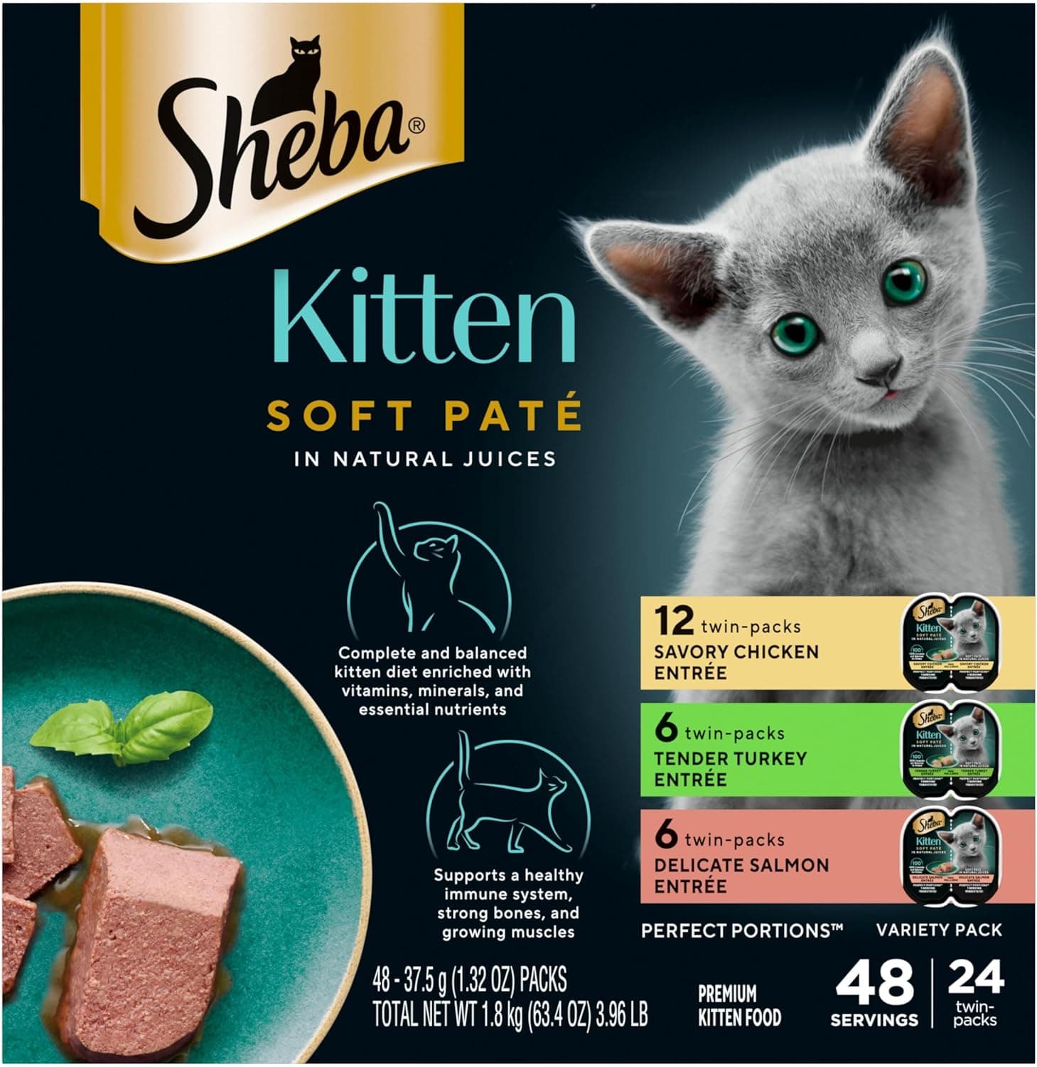 Sheba Perfect Portions Kitten Wet Cat Food Pate Chicken Entree, Salmon Entree, and Turkey Entree, 2.6 oz. Twin-Pack Trays (24 Count, 48 Servings) Chicken, Salmon & Turkey 24 Count (Pack of 1) - Image 2