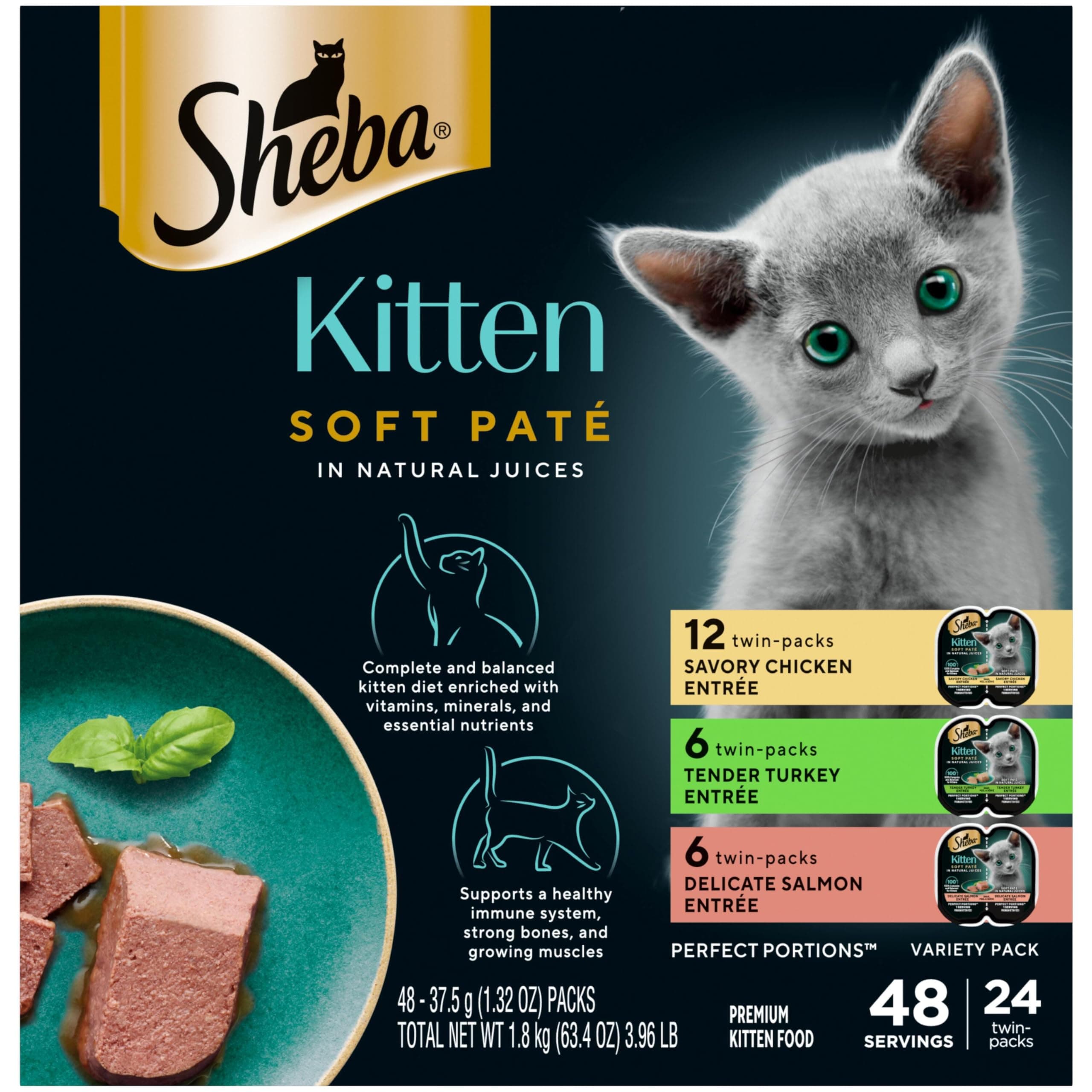 Sheba Perfect Portions Kitten Wet Cat Food Pate Chicken Entree, Salmon Entree, and Turkey Entree, 2.6 oz. Twin-Pack Trays (24 Count, 48 Servings) Chicken, Salmon & Turkey 24 Count (Pack of 1)