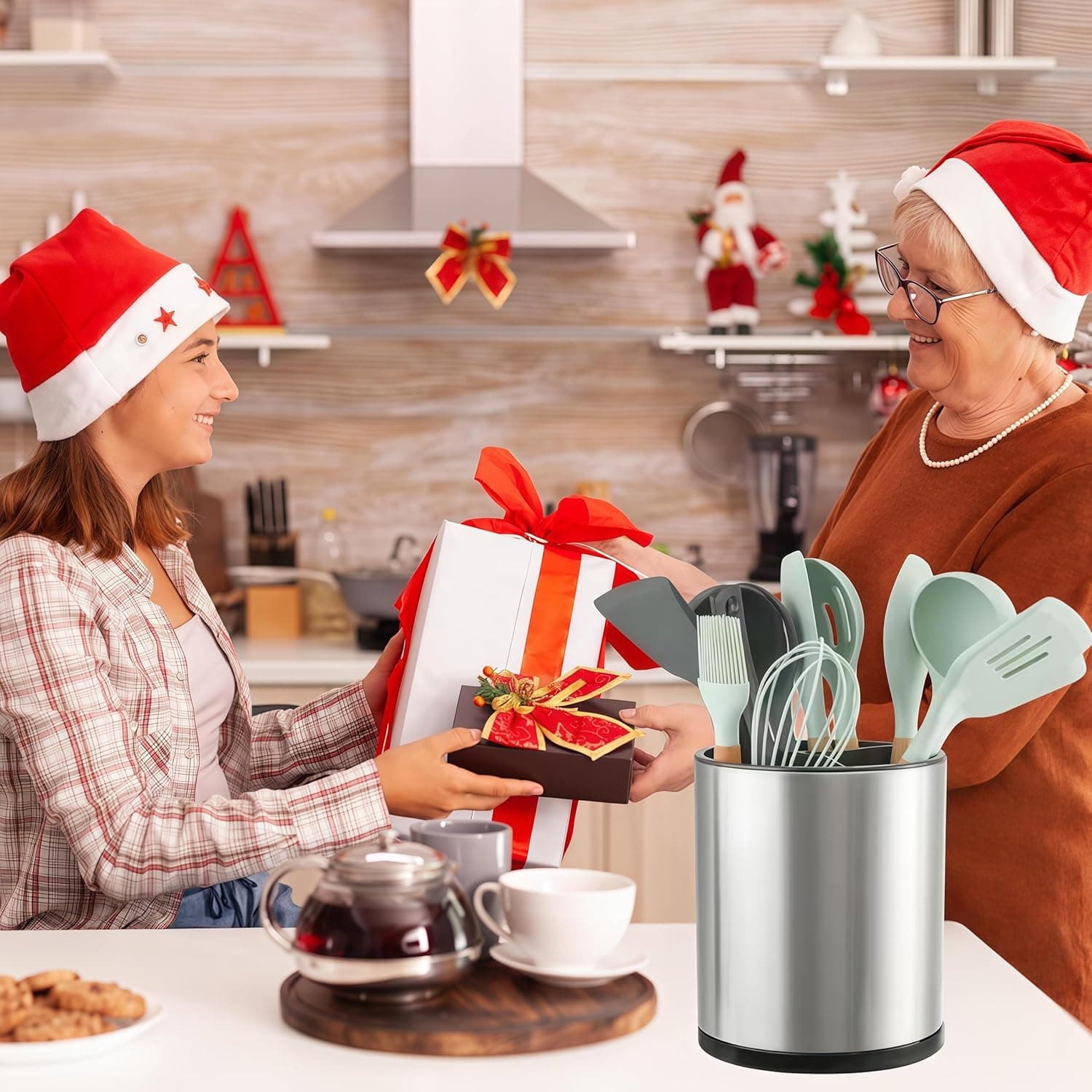 Kitchen Utensil Holder Extra Large 360°Rotating For Counter Organizer Stainless Steel Storage Cooking Silverware Caddy 3 Compartment Flatware Spoon Spatula Tool Cutlery Container（Silvery） Large silvery - Image 2
