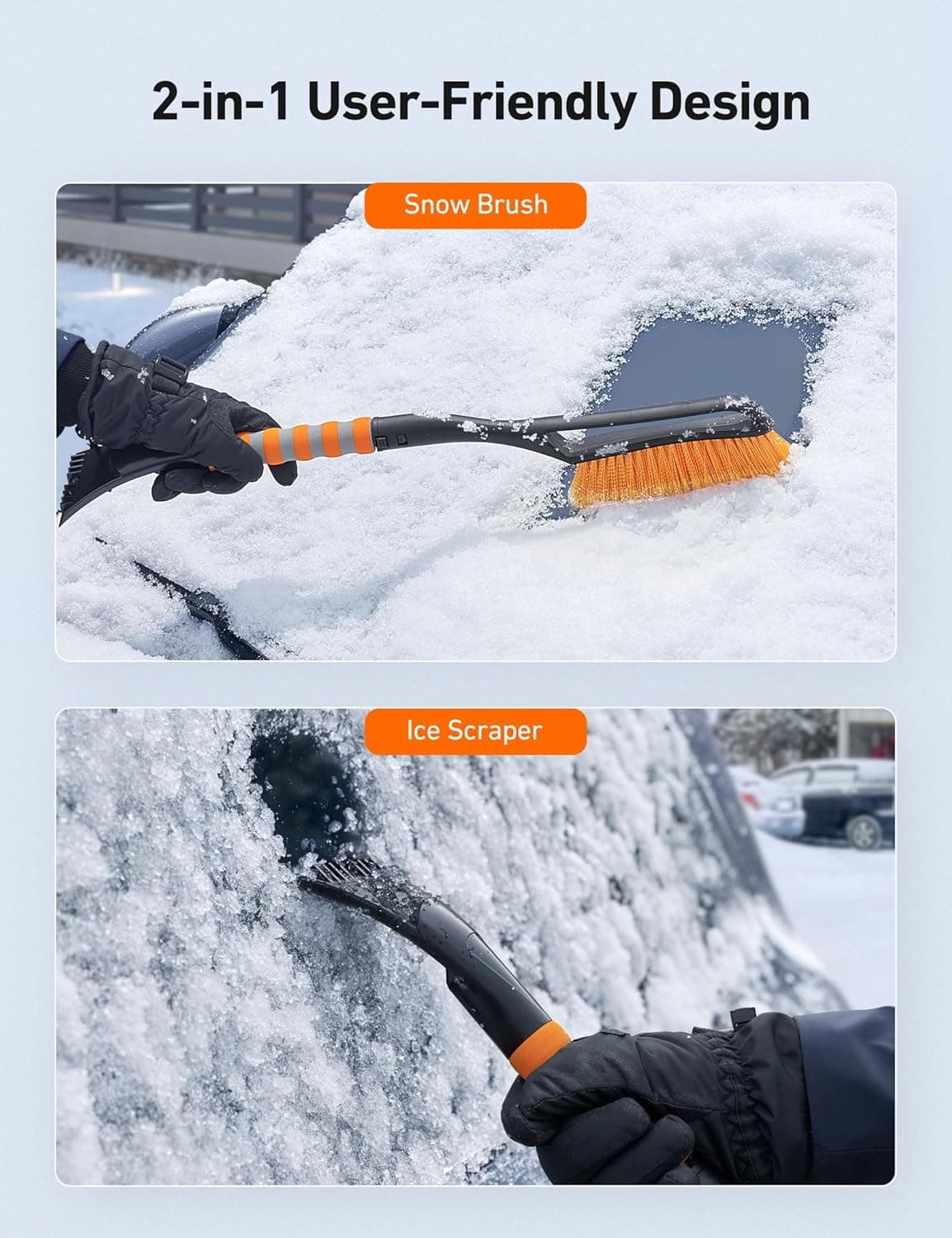 AstroAI 2 Pack 27" Snow Brush and Ice Scrapers for Car Windshield, Detachable Snow Scrapers with Ergonomic Foam Grip for Cars, Trucks, SUVs (Heavy Duty ABS, PVC Brush, Orange) - Image 2