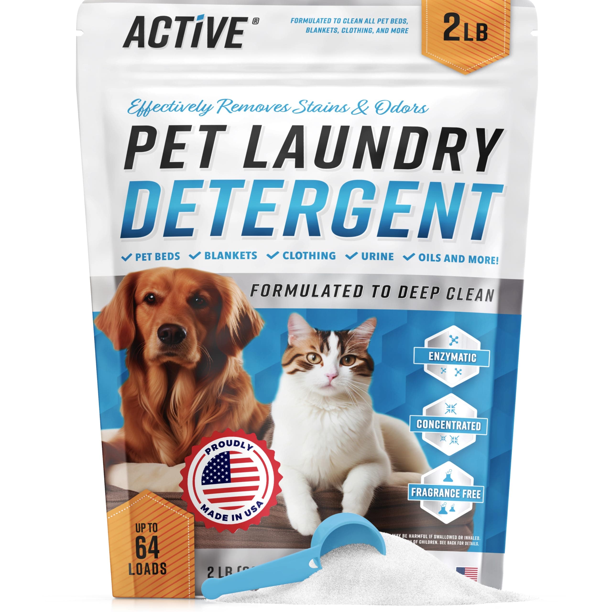 Detergente para Lavandería de Mascotas Eliminador de Olores - Detergente en Polvo a Base de Enzimas ACTIVAS para Camas de Perros, Orina de Gato, Amigable con Lavadoras HE, Desodorante Enzimático Natural, Eliminador de Manchas de Orina, Olor, Saliva de Perro - 64 Cargas