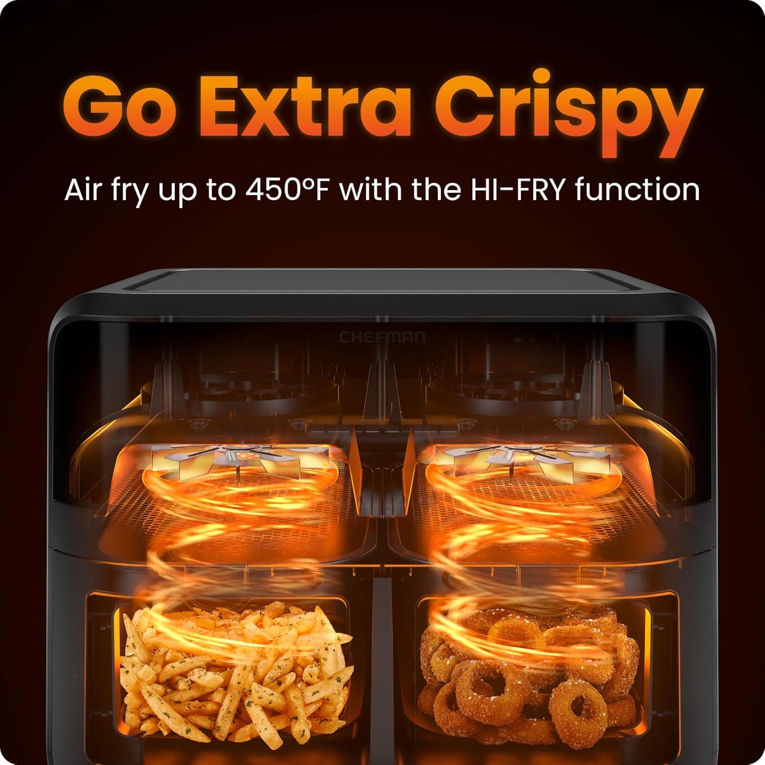 CHEFMAN 6 Quart Dual Basket Air Fryer Oven with Easy View Windows, Sync Finish, Hi-Fry, Auto Shutoff, 2 Independent 3Qt Nonstick Dishwasher Safe Frying Baskets, Digital Double Air Fryer - Black - Image 4