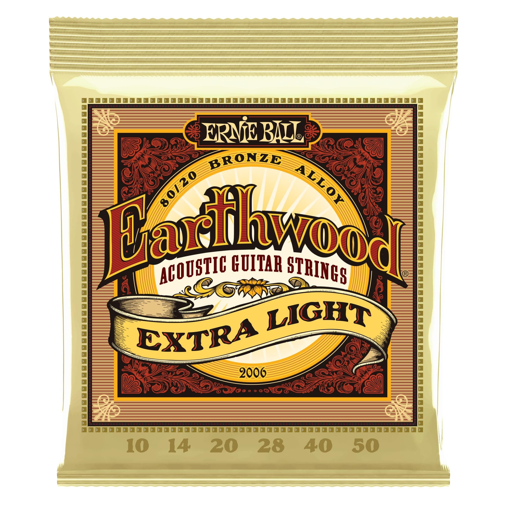 Ernie Ball Earthwood Extra Light 80/20 Bronze Acoustic Guitar Strings, 10-50 Gauge (P02006) Single Pack Extra Light (10-50)