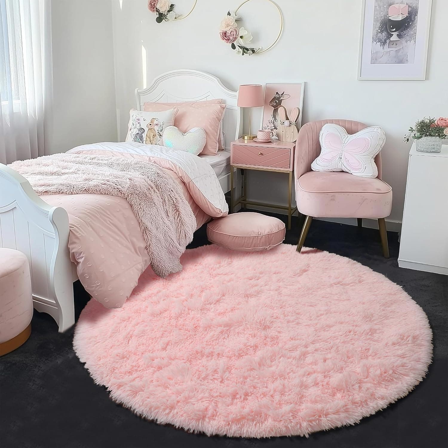 Amdrebio Light Pink Round Rug 4Ft for Girls Bedroom, Fluffy Circle Area Rugs for Kids Room Decor Aesthetic, Cute Shag Fuzzy Carpet for Nursery, Preppy Dorm, Classroom, Playroom, Teen, Baby, Washable 4' (Round) Pink - Image 3