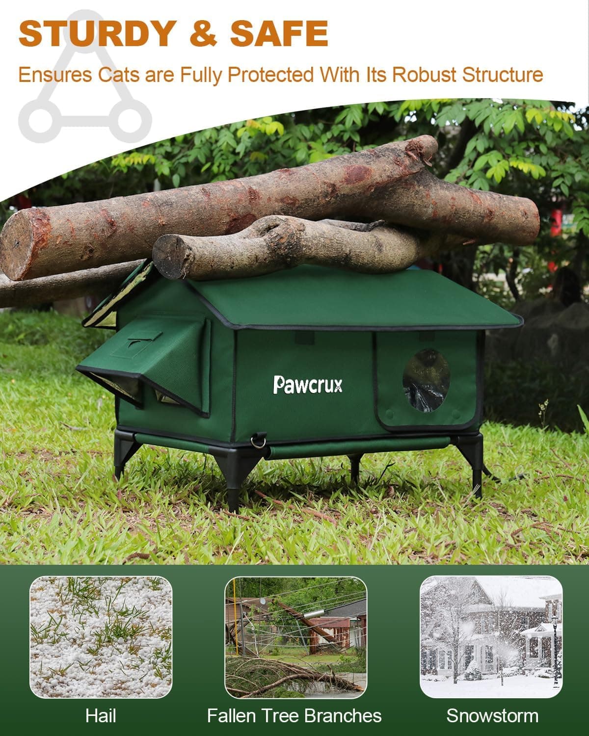 100% Waterproof Heated Cat House for Outdoor Cat with Safe Escape Door, Cat Bed Weatherproof Cat Shelter Kitty with Cat Heating Pad, Insulated Warm House for Feral Cat(Green, 16"x16"x19.3") Green S - Image 5