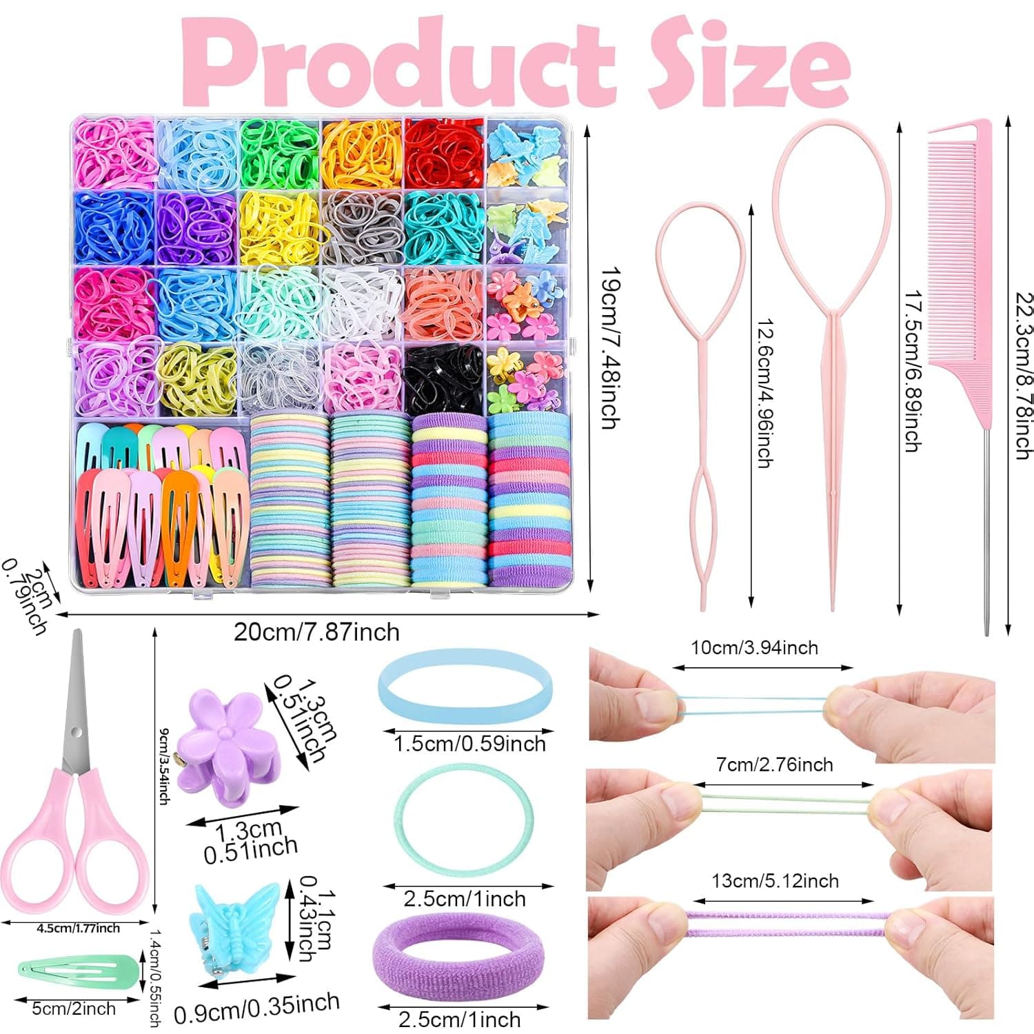 Hair Accessories for Girl, 1543 Pcs Elastic Hair Rubber Bands Set 20 Colors Elastic Hair Ties with Organizer Box Cotton Baby Hair Ties, Hair Tail Tools, Rat Tail Comb, Butterfly Hair Clips Multicolor - Image 3
