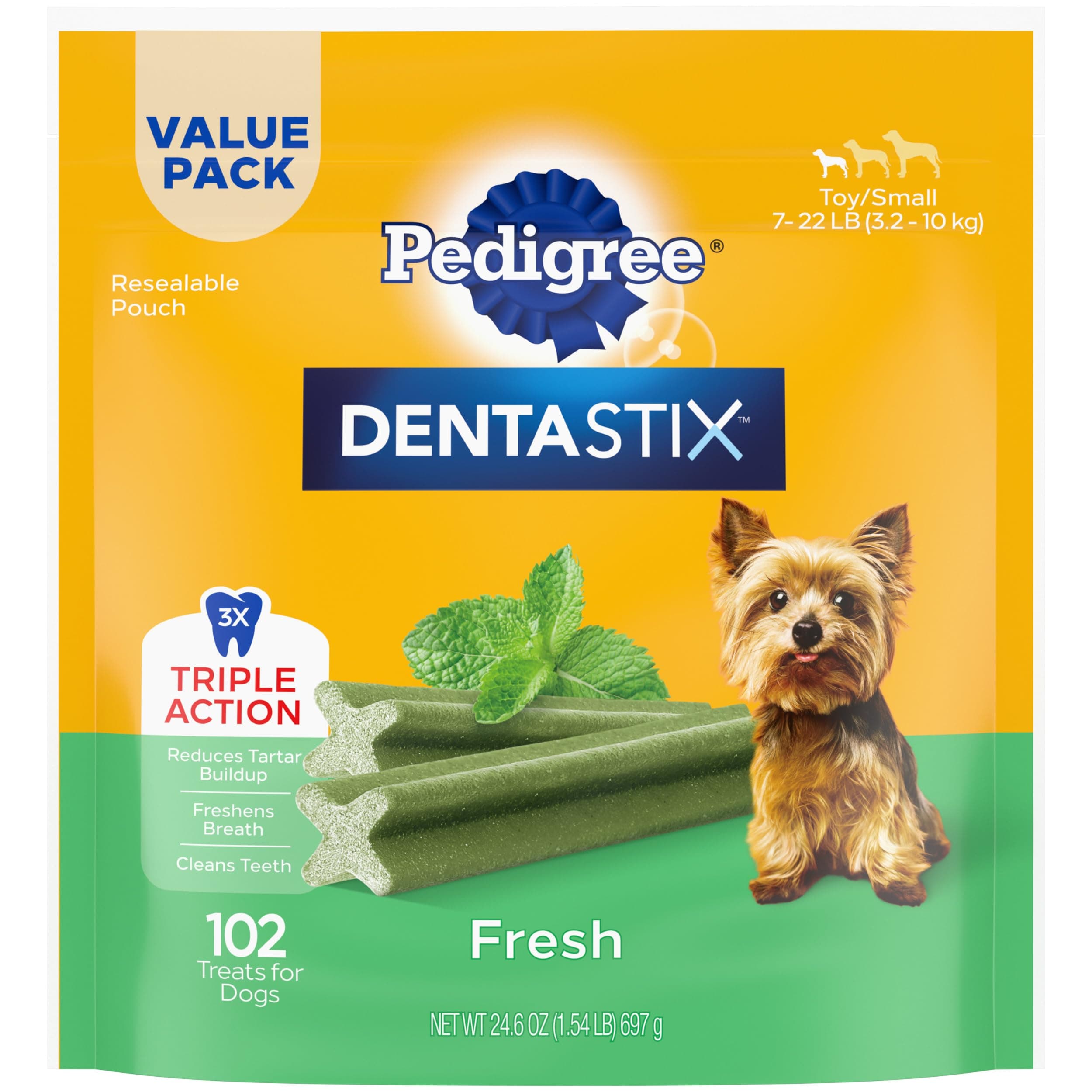 Pedigree Dentastix Masticables Dentales para Perros, Golosinas para Perros de Raza Pequeña y Juguete, Sabor Fresco, Bolsa de 1.54 lb. (102 Golosinas en Total) Menta 102 Contenido (Paquete de 1)