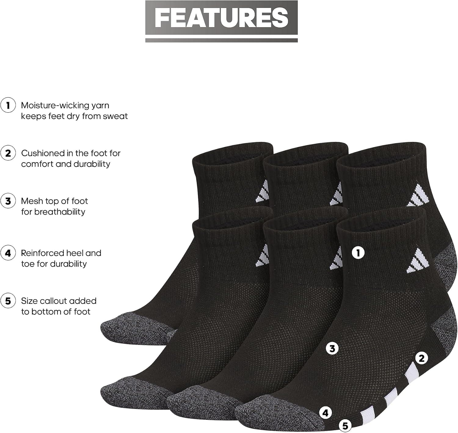 adidas Unisex Kids Quarter Ankle Socks for Boys and Girls Youth (6-Pack) Athletic Cushioned and Comfortable Medium Black/Onix Grey/White - Image 3