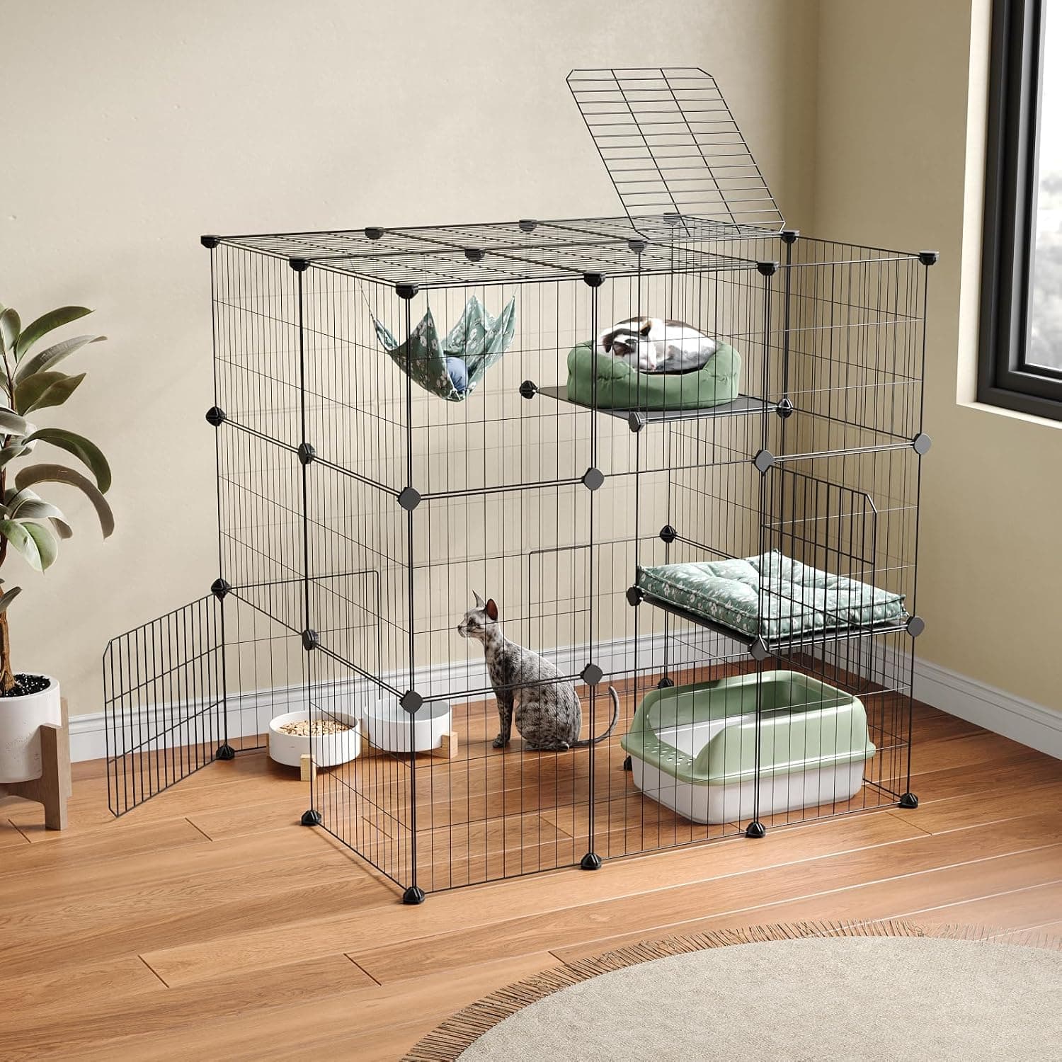 Oneluck 3-Tier Cat Cages Indoor Enclosure DIY Cat Playpen Catio Detachable Metal Wire Kennels Cats Crate Large Extra Exercise Place Ideal for 1 Cat,35.4 Inches - Image 2