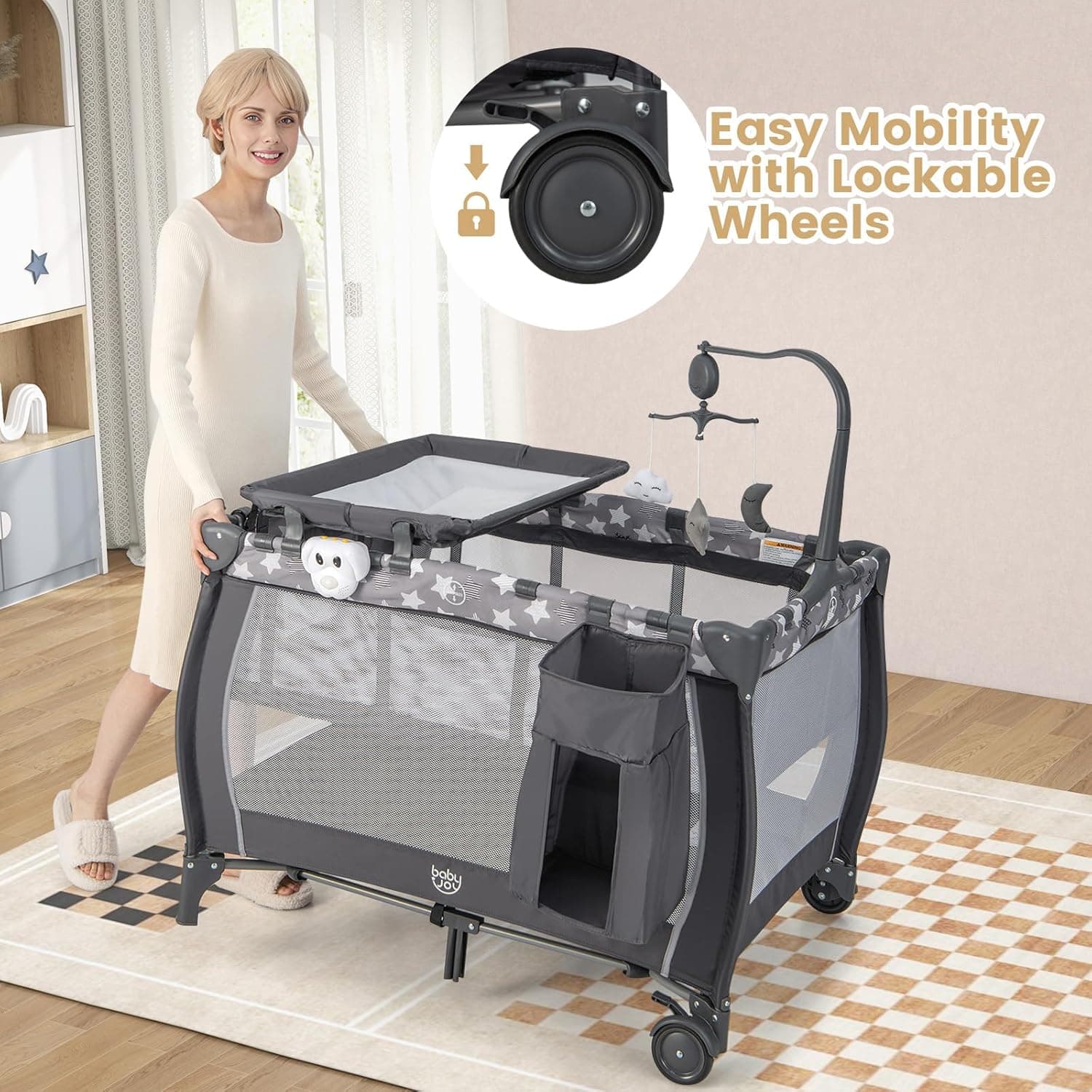 Costzon 3 in 1 Pack and Play with Bassinet, Portable Baby Playard with Changing Table, Music Box, Whirling Toys, Wheels/Brake, Basket, Bag, Foldable Infant Bassinet for Baby Toddlers Indoor Outdoor Gray Little Stars - Image 6