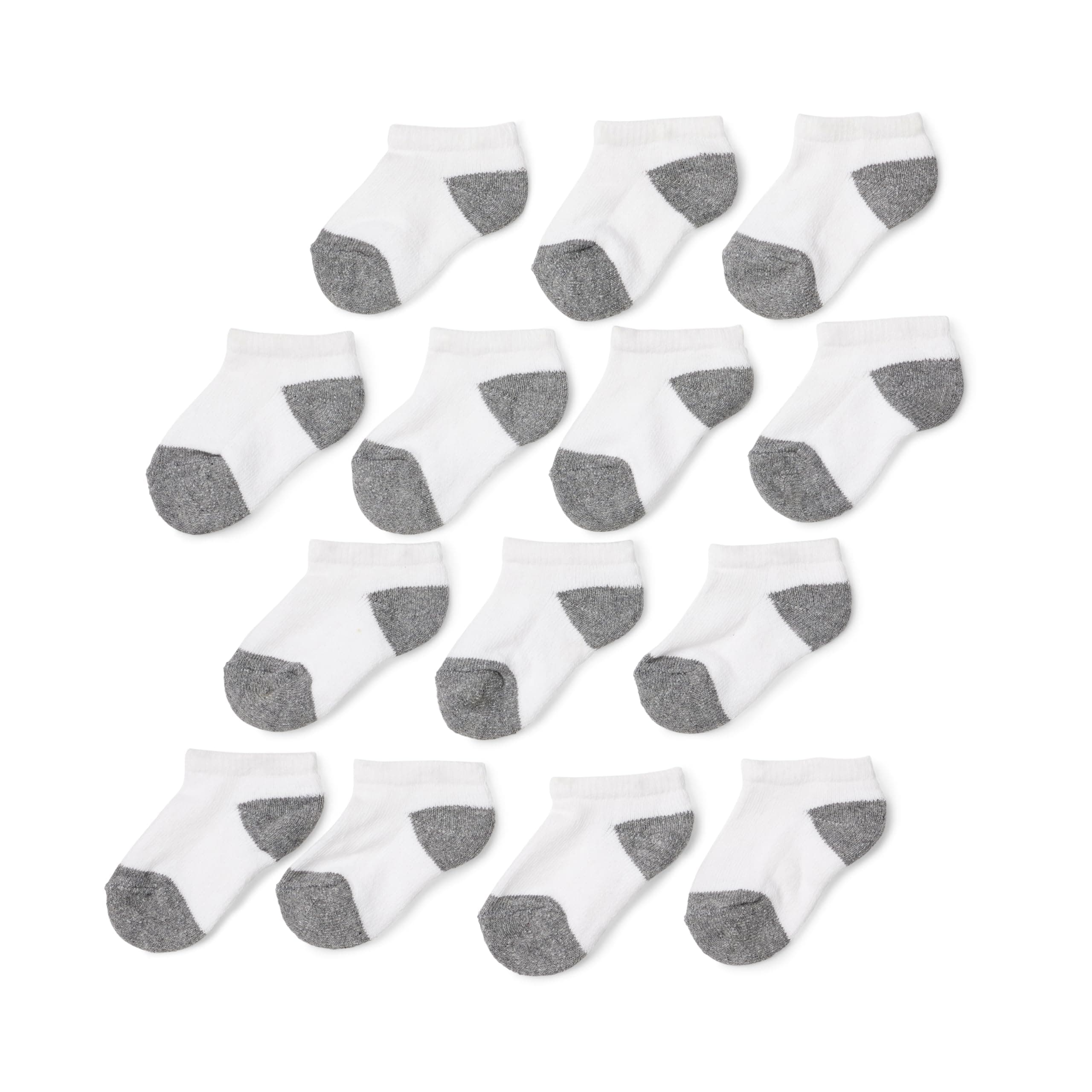 Amazon Essentials Unisex Kids and Toddlers' Cotton Low Cut Cushioned Socks for Boys Girls Toddlers, 14 Pairs Medium White/Grey