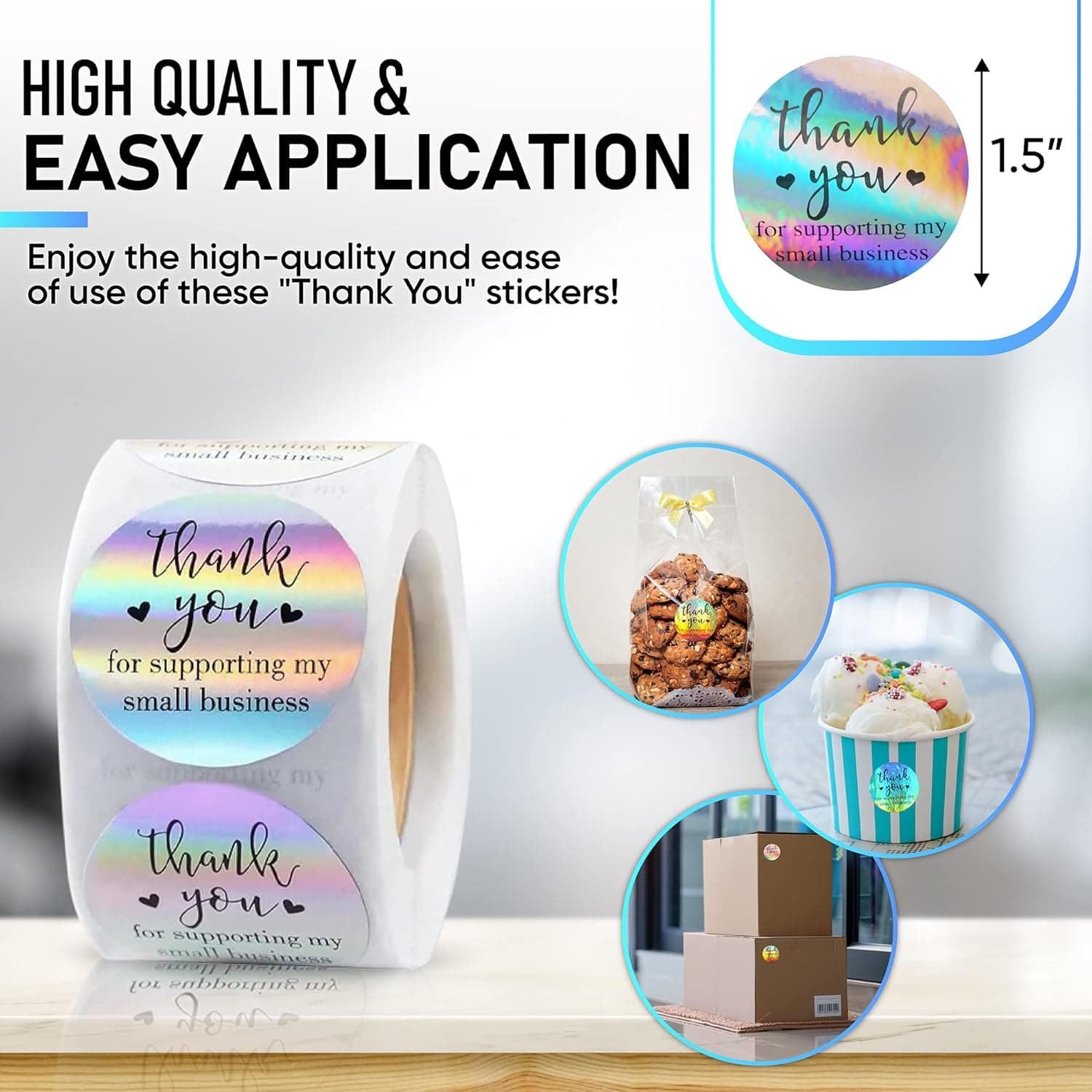 500 PCS Holographic Thank You for Supporting My Small Business Stickers – 1.5 Inch Round Self-Adhesive Waterproof Labels – Eye-Catching Packaging Seals for Orders, Gift Bags, Boxes & Envelopes - Image 6