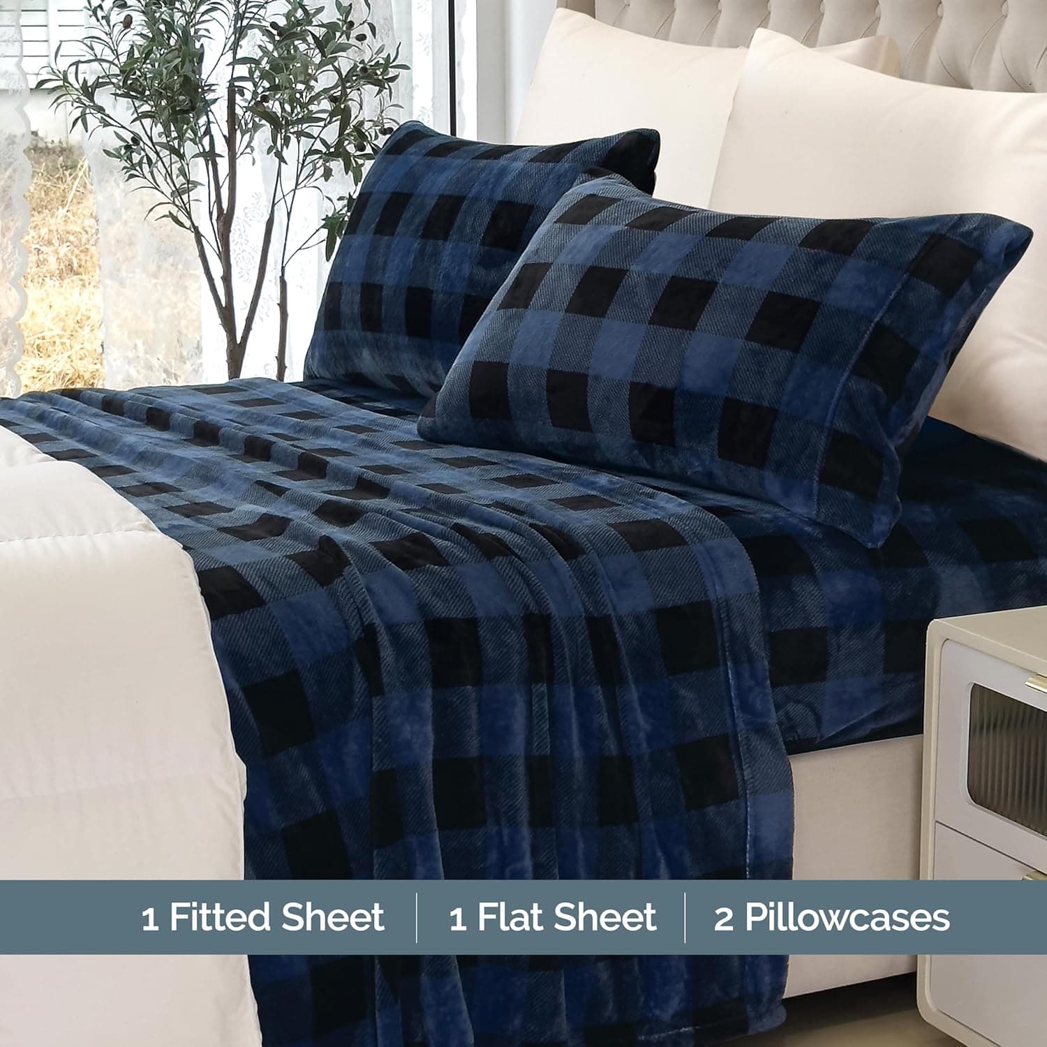 Elegant Comfort Luxuriously Soft 4-Piece Velvet Plush Flannel Sheet Set - Premium Quality - Cozy Warm, Anti-Static, Non Pilling Fuzzy Velvet Flannel Fleece Deep Pocket Sheet Set - Queen, Buffalo Blue Buffalo Blue Queen - Image 4