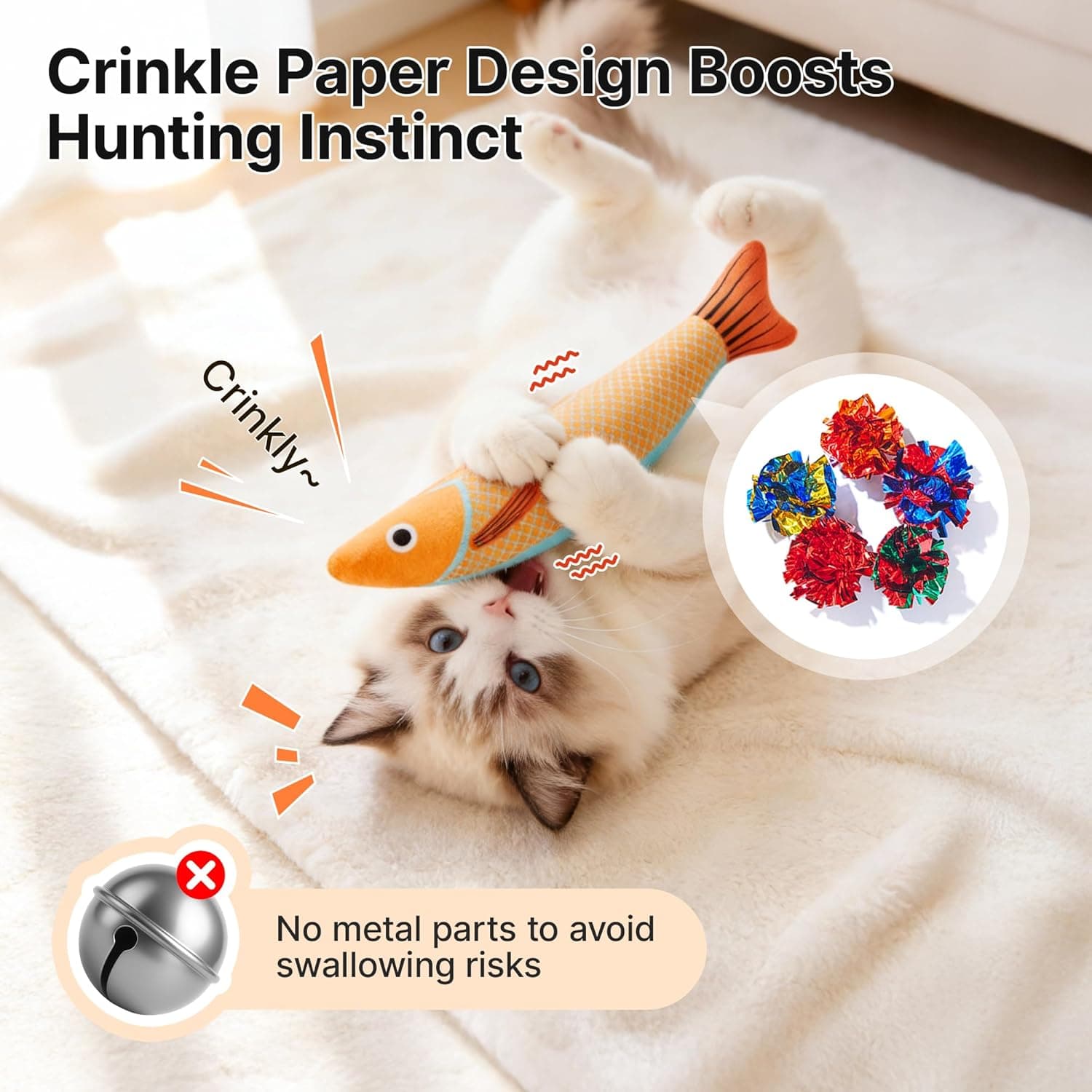 Juguetes para Gatos Potaroma Saury Fish, Paquete de 3, Sonido Crinkle con Catnip, Suaves y Duraderos, Kicker Interactivo para Ejercicio de Gatitos en Interiores de 9.4 Pulgadas para Todas las Razas - Image 3