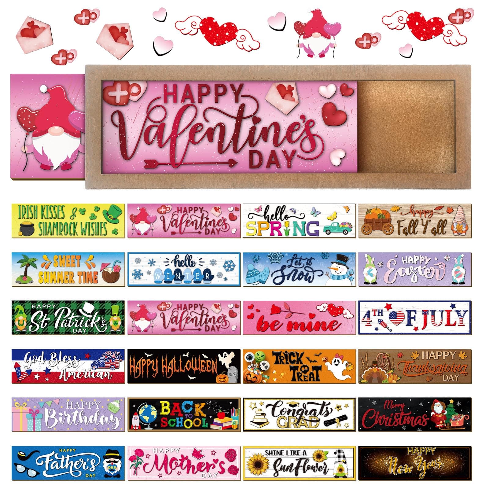 Barydat 25 Pcs Decoración Estacional Intercambiable Cartel de Bienvenida Intercambiable con un Marco de Madera Cartel de Bienvenida de Madera Estacional Decoración de Mesa para las Fiestas del Día de San Patricio Pascua Decoración de San Valentín Retro