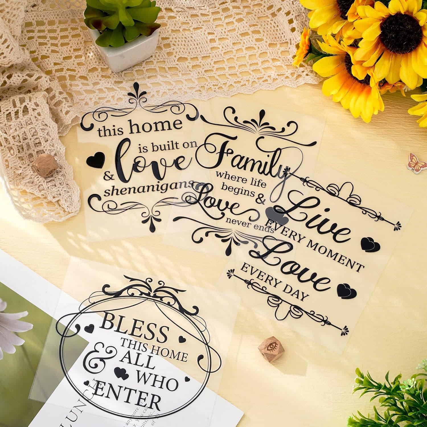 Whaline 11 Sheets Vintage Word Rub on Transfers Decals for Crafts and Furniture Black Warm Letters Rub on Transfer Furniture Stickers Decals for School Home Office DIY Art Craft Decor, 5.5 x 5.5Inch Simple - Image 5