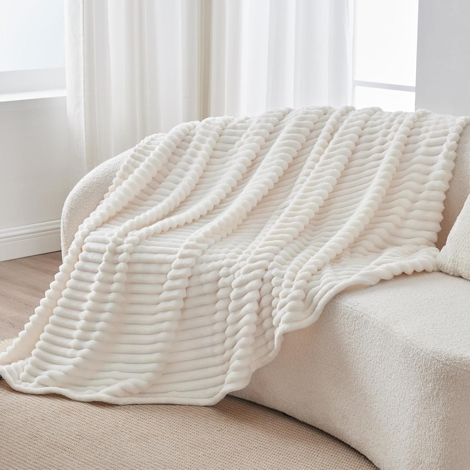 BEDELITE Fleece Throw Blanket for Couch - 300GSM Soft & Warm Fluffy Cream White Blanket, Decorative and Giftable Striped Blankets for Women, Men, 50"x60" Cream Throw(50"x60") - Image 10