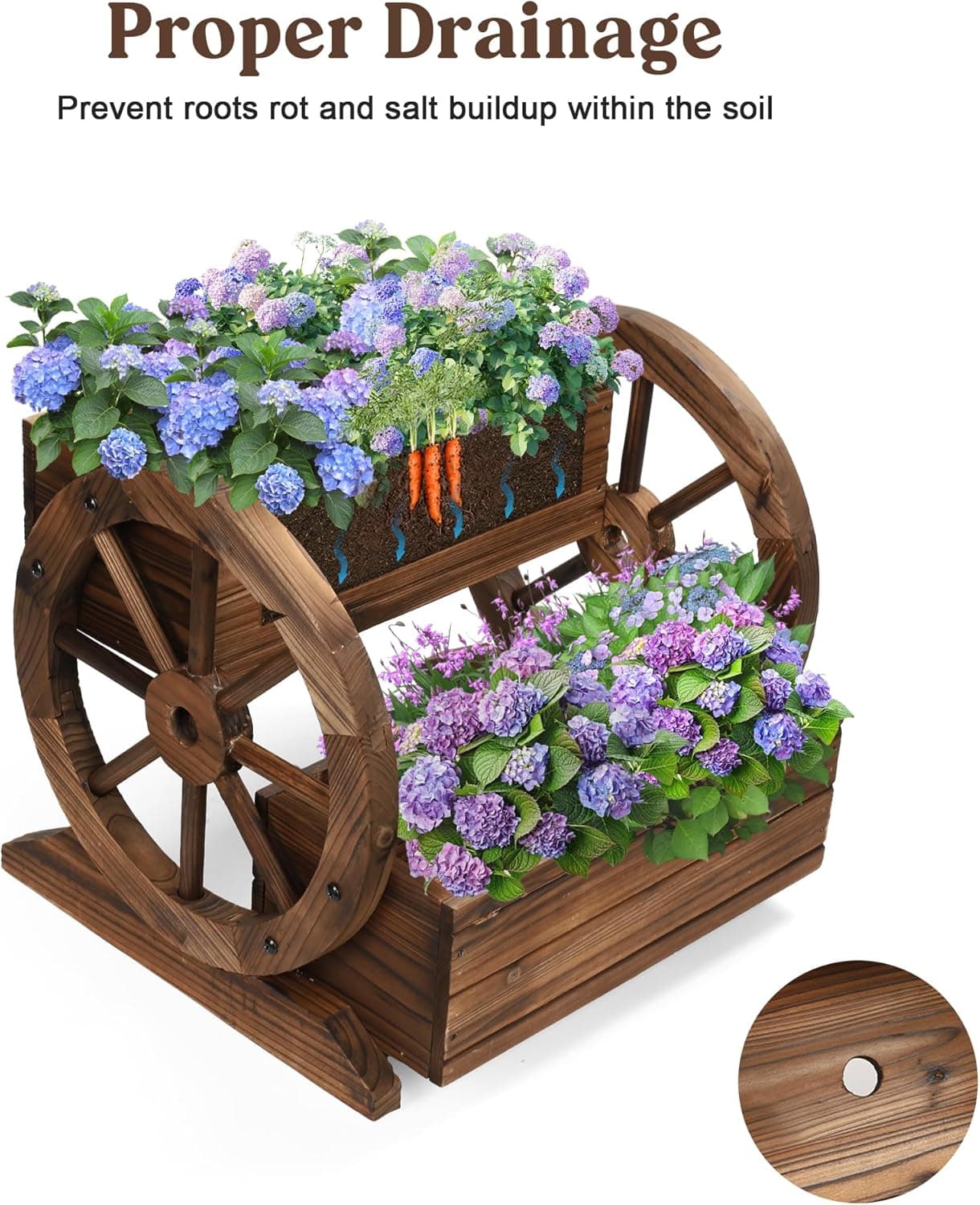 Wooden Wagon Planter Box, Garden Planter with Wheels,Decorative Planter for Flowers Herbs Vegetables for Indoor & Outdoor Décor, Flower Cart for Patio Garden Balcony 2-tier Planter Box --1pc - Image 4